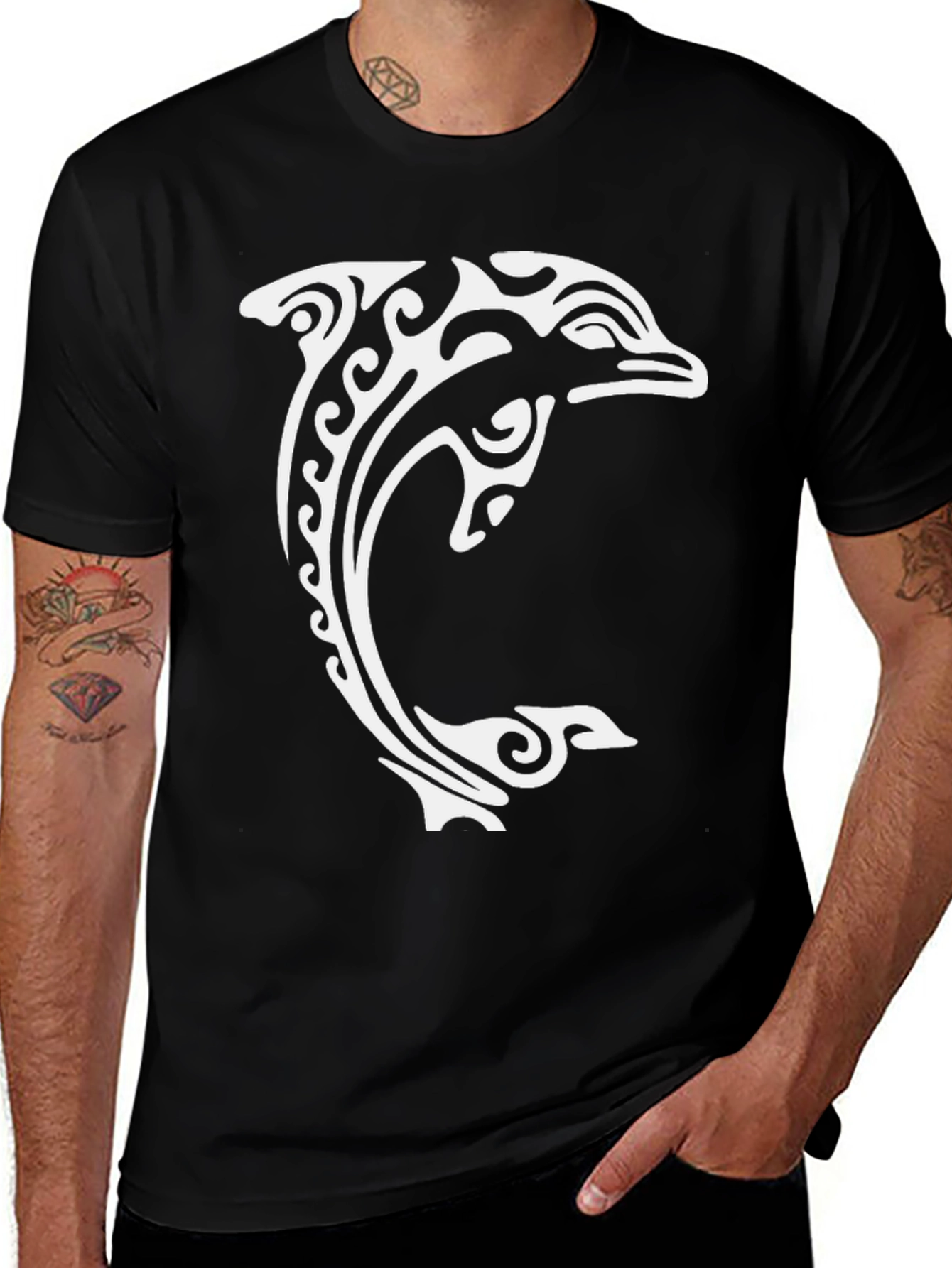 Tribal Dolphin Graphic Tee - Black Cotton Comfort
