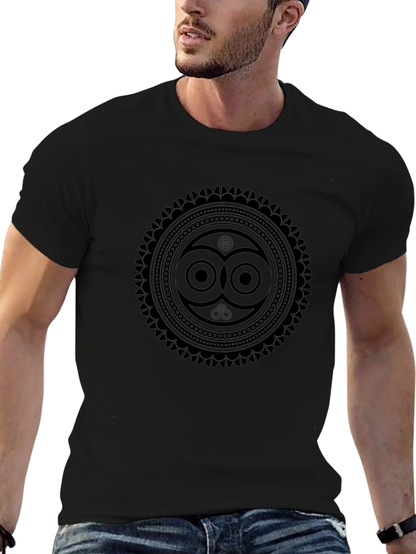 Geometric Owl Print Black T-Shirt