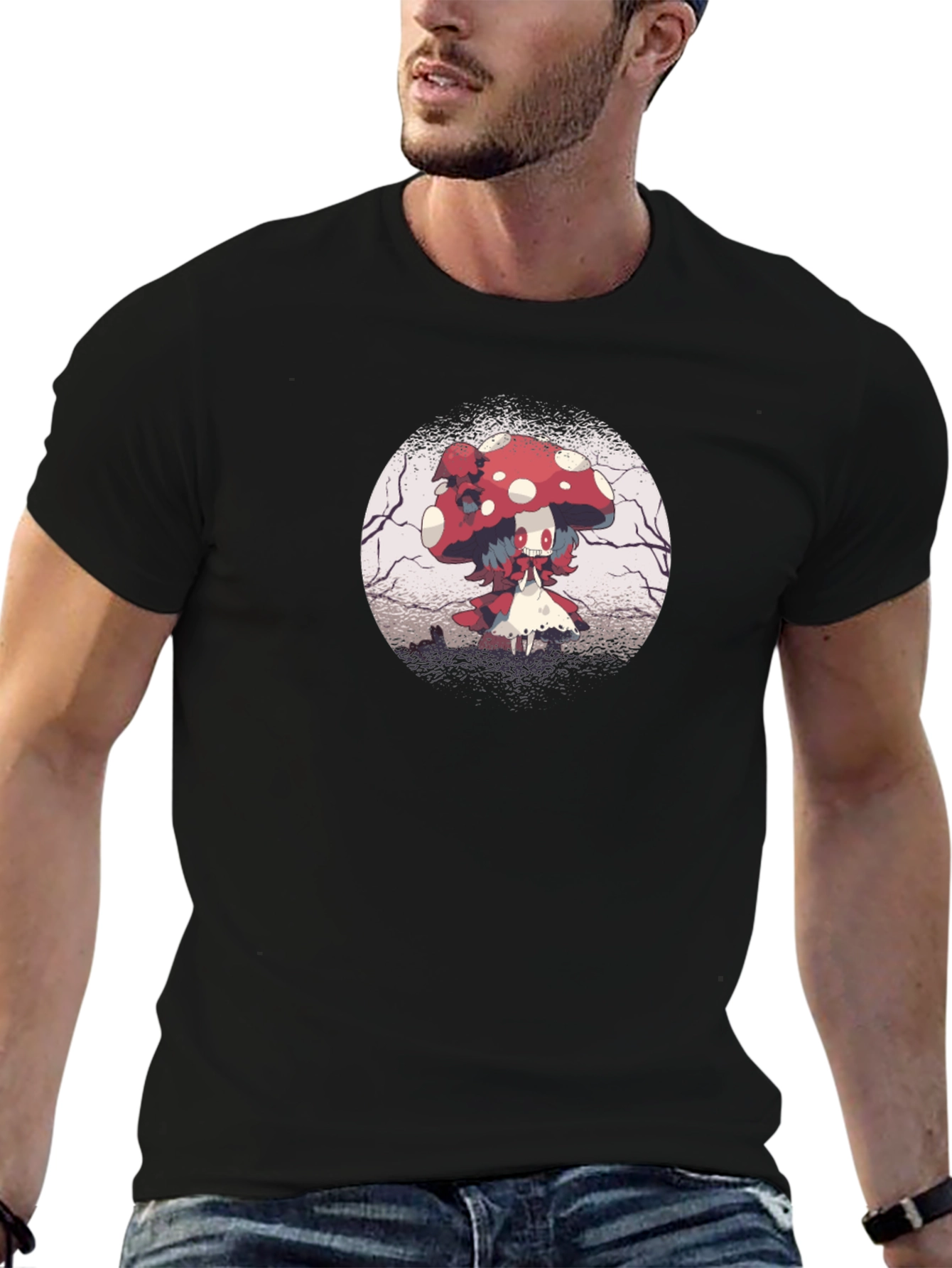 Mushroom Character Graphic Black T-Shirt