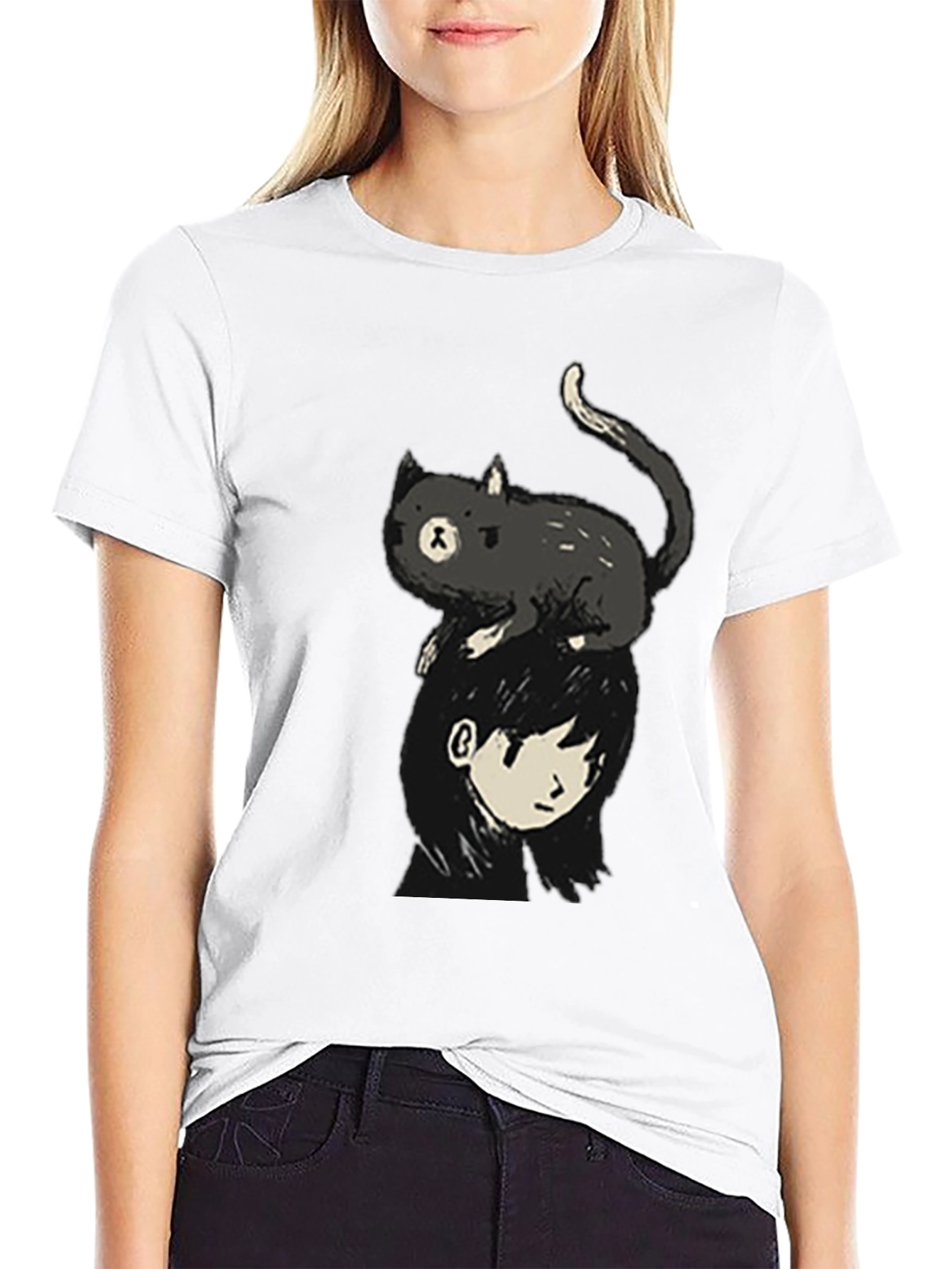 Cat on Head Graphic Tee - Black