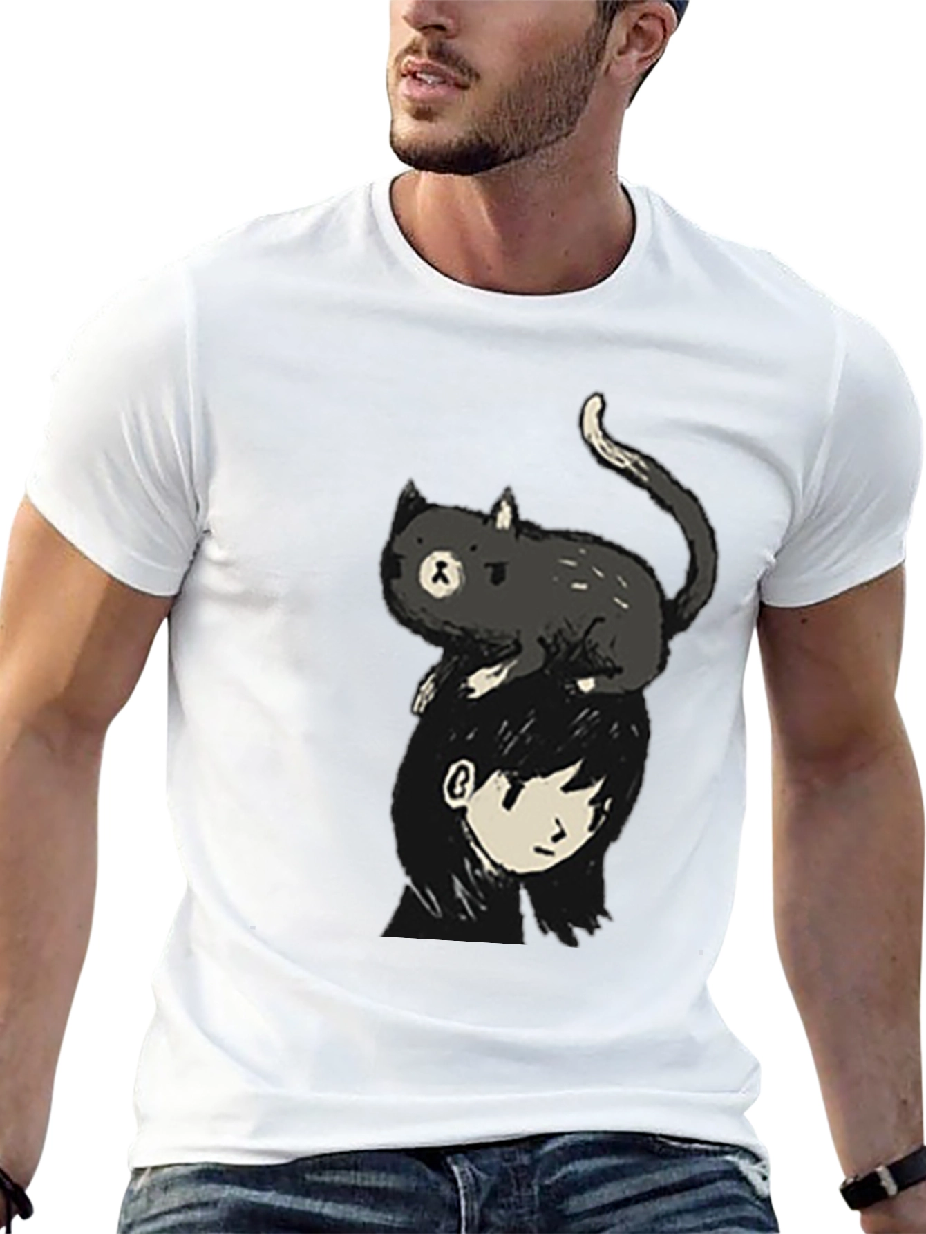Cat on Head Graphic Tee - Black
