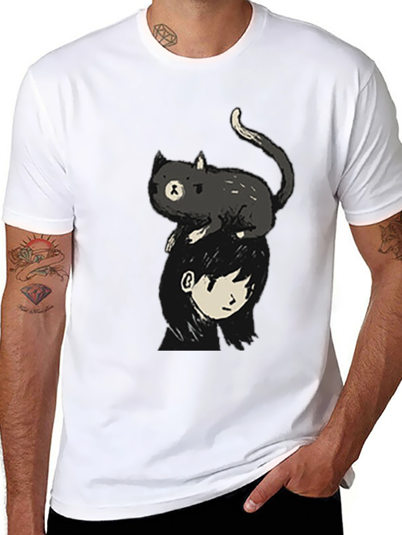 Cat on Head Graphic Tee - Black