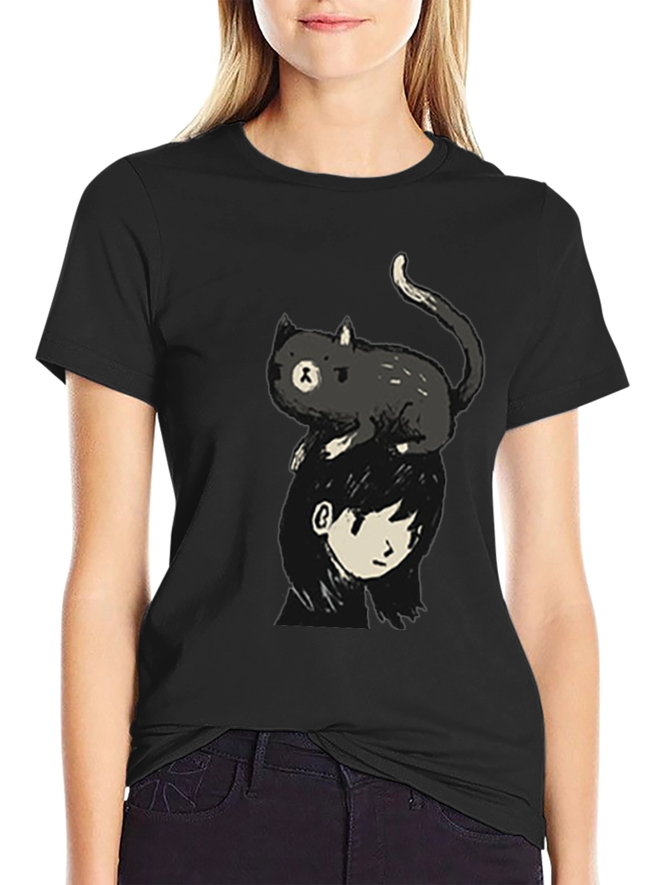 Cat on Head Graphic Tee - Black