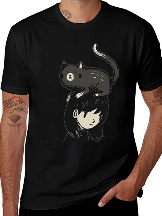 Cat on Head Graphic Tee - Black
