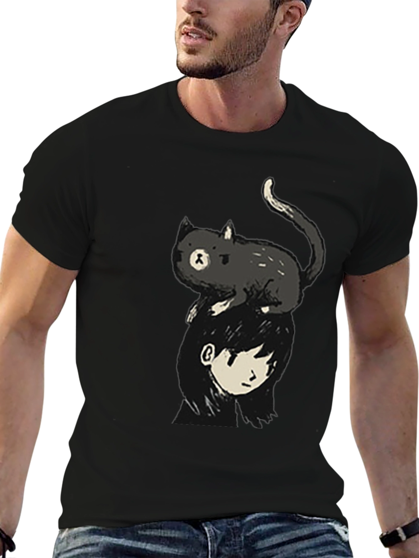 Cat on Head Graphic Tee - Black