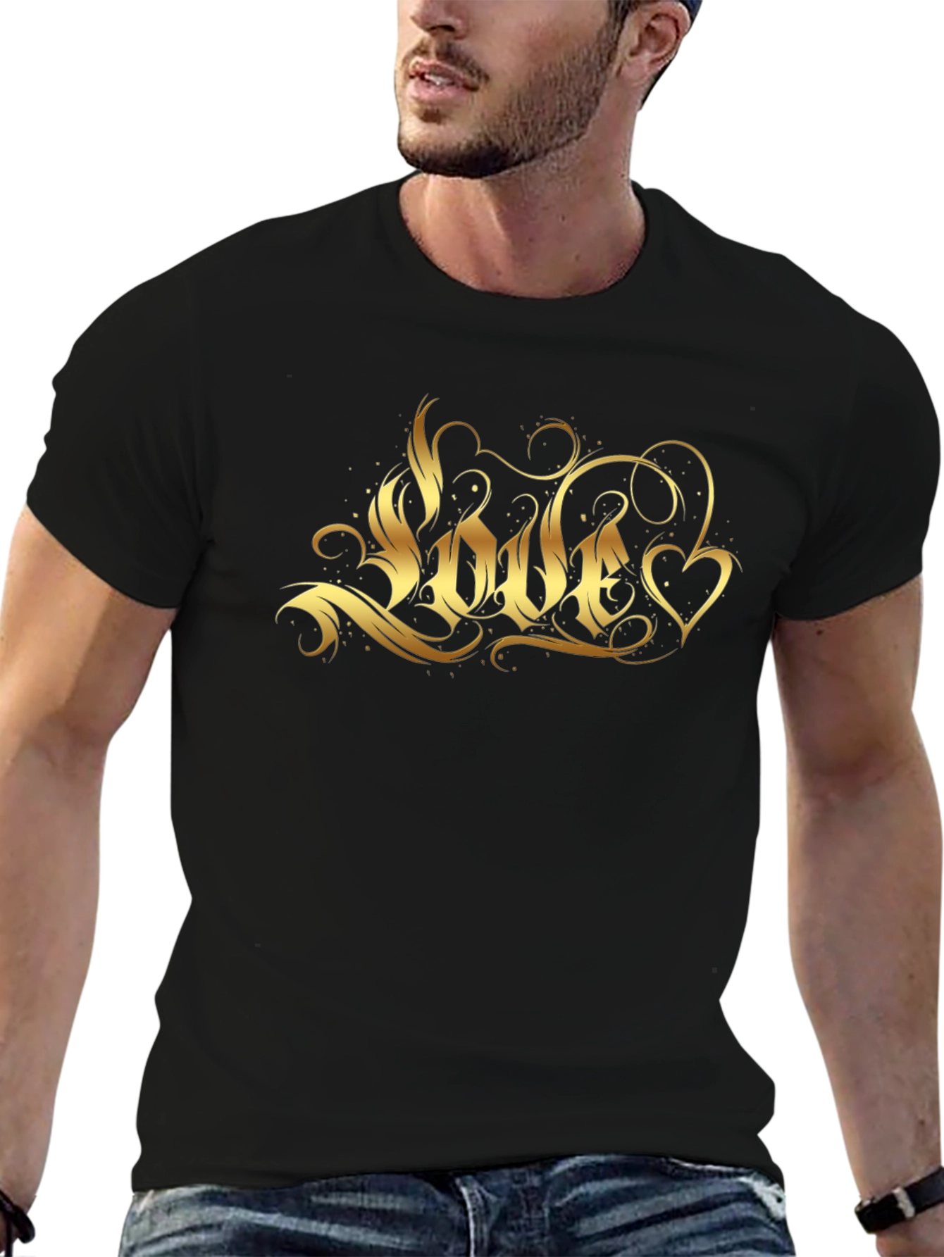 Mens Black T-Shirt with Gold Love Graphic