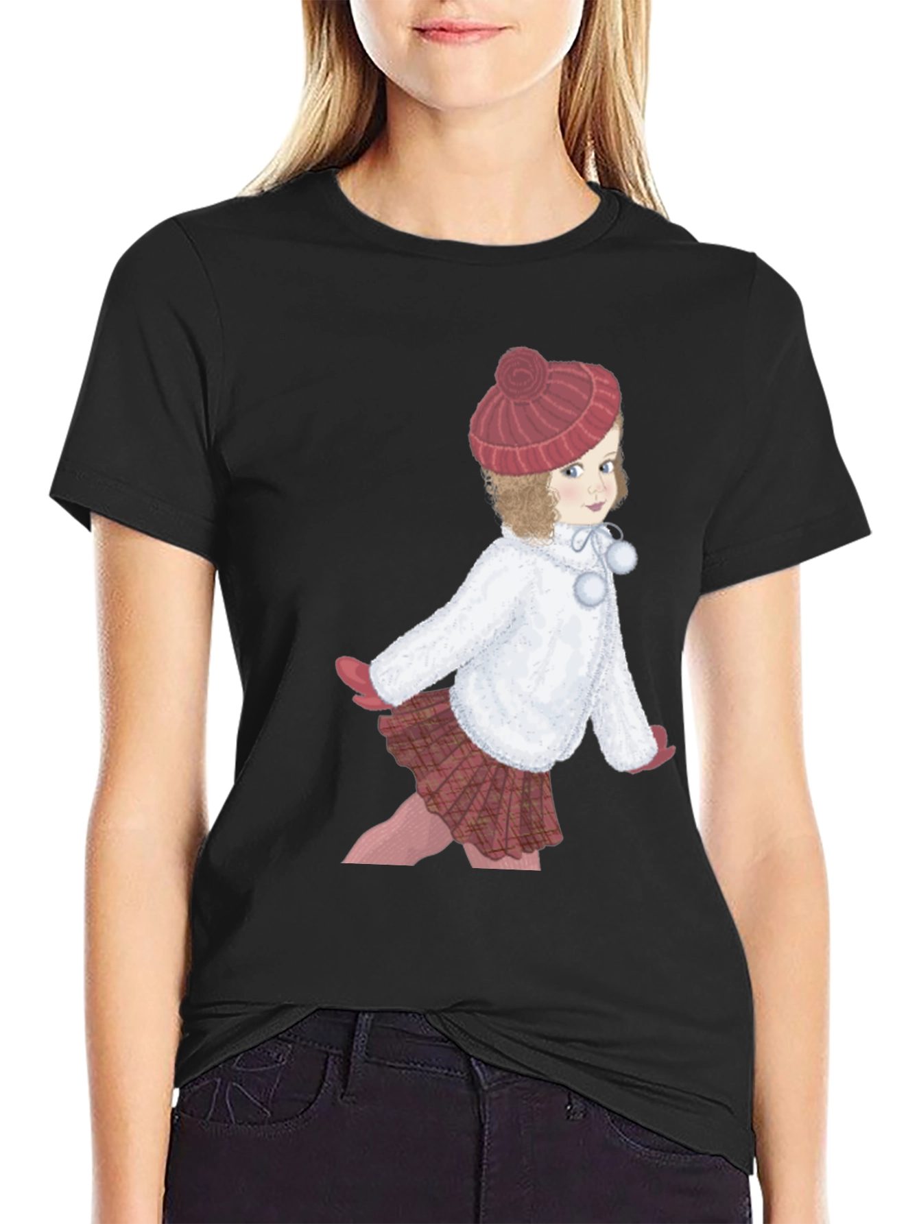 Girl with Hat Graphic Tee - Black Cotton T-Shirt