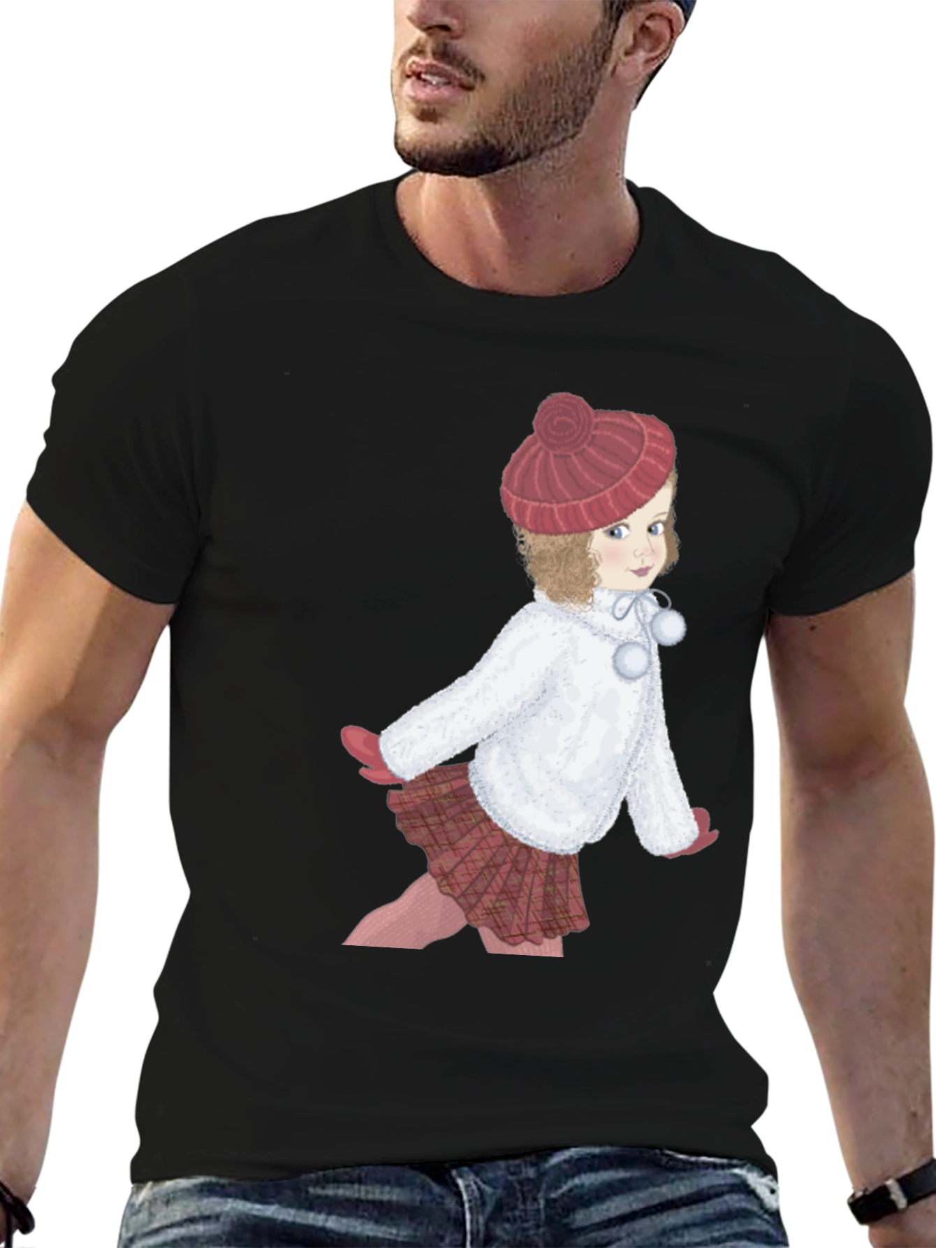 Girl with Hat Graphic Tee - Black Cotton T-Shirt