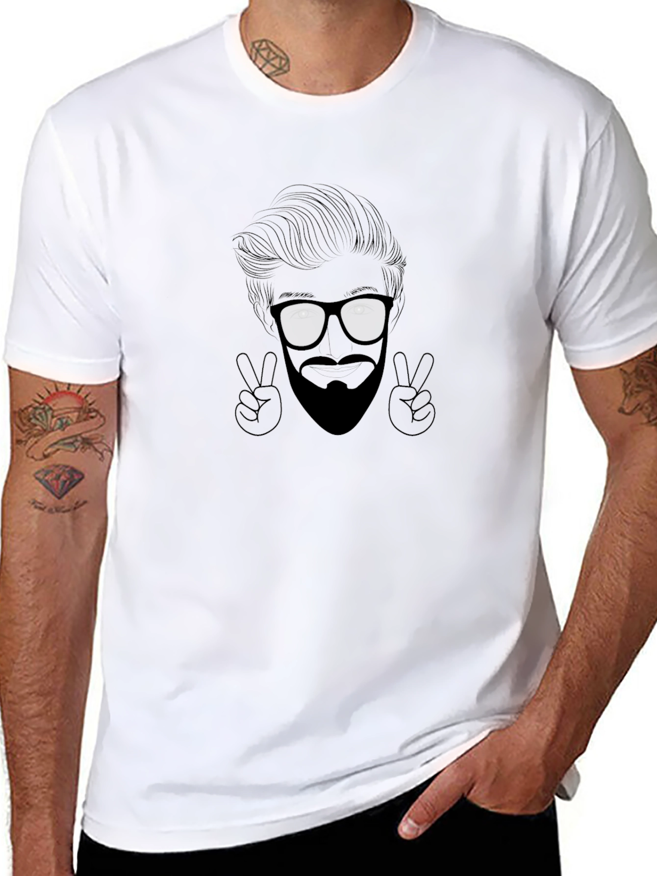 Cool Graphic Tee - Bearded Face & Peace Signs