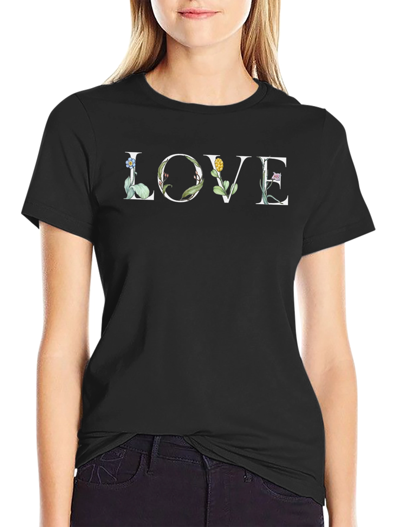 Floral LOVE Graphic T-Shirt - Black