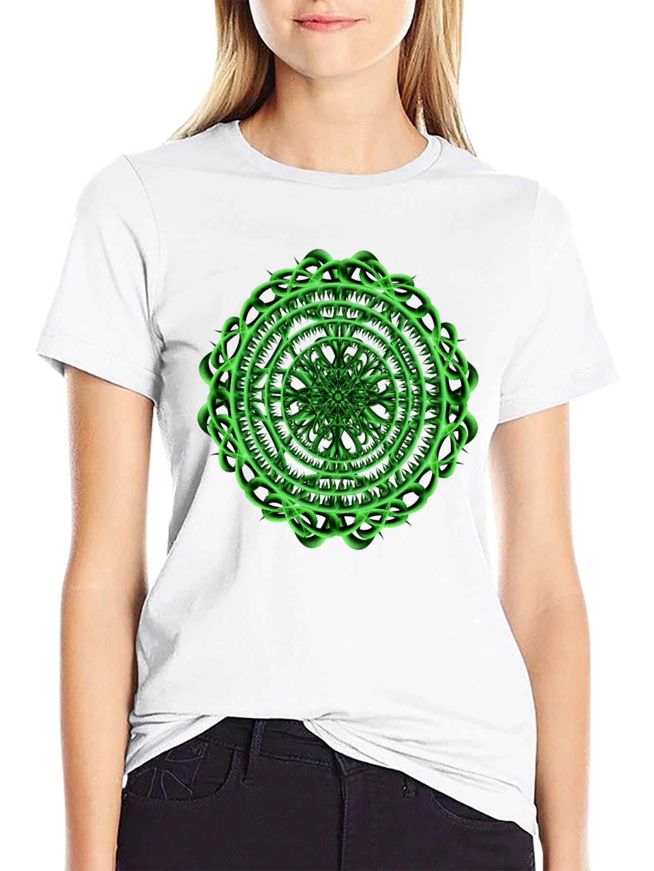 Mens Black T-Shirt with Green Mandala Design