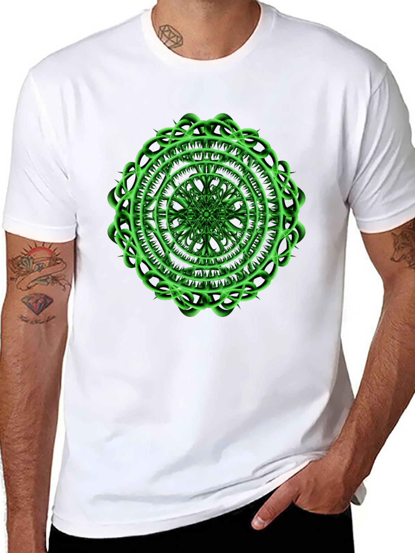 Mens Black T-Shirt with Green Mandala Design