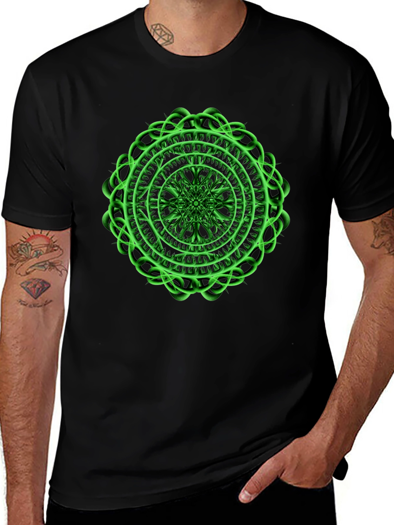 Mens Black T-Shirt with Green Mandala Design