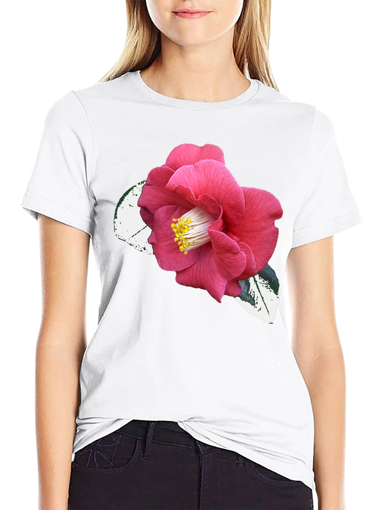 Black T-Shirt with Pink Camellia Flower Graphic