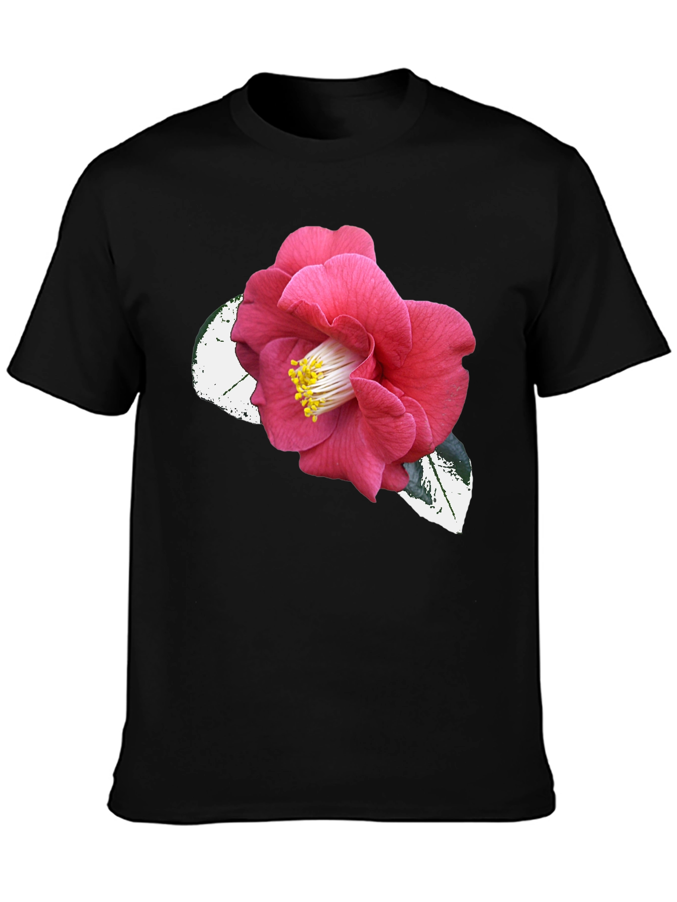 Black T-Shirt with Pink Camellia Flower Graphic