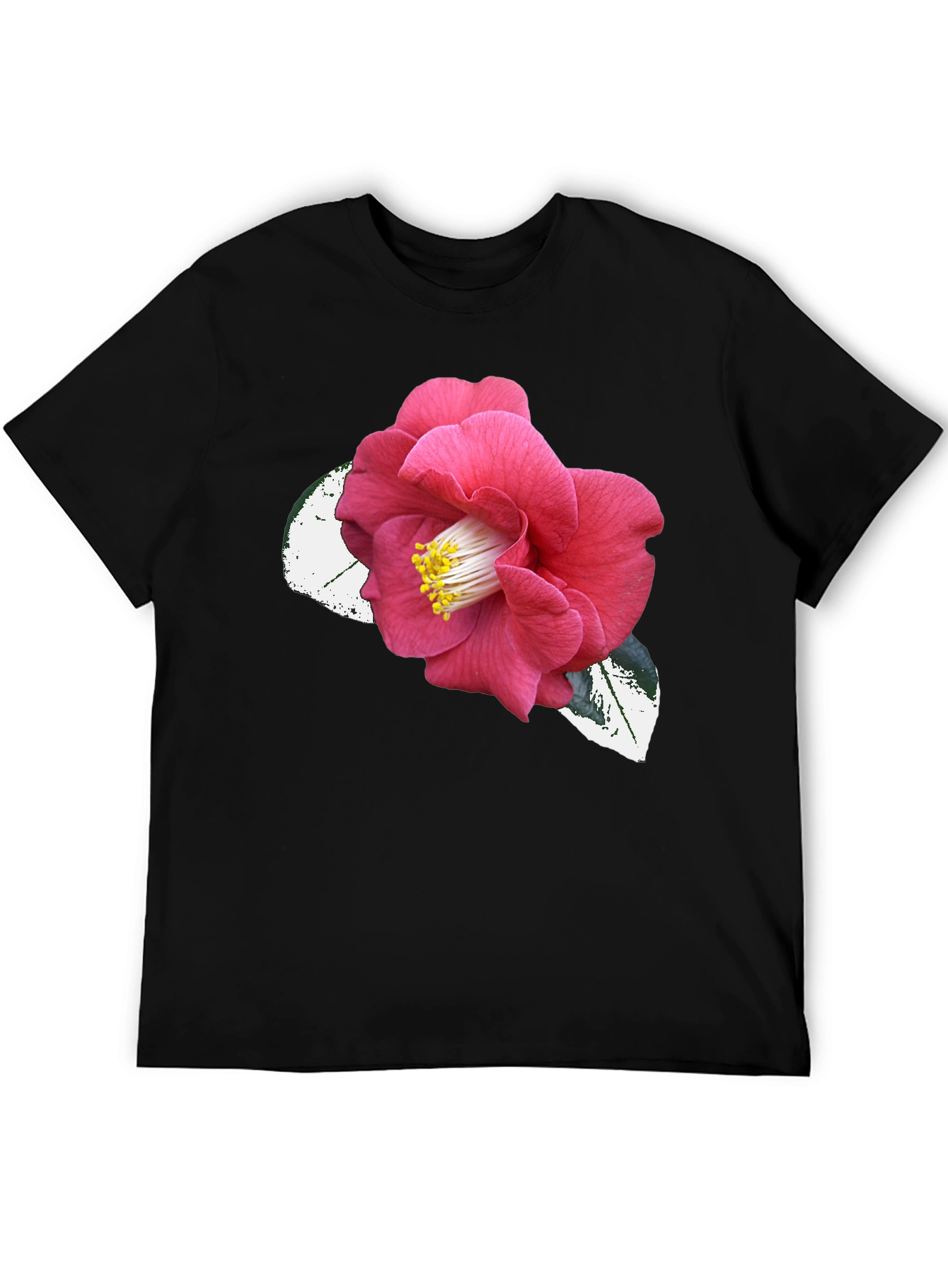 Black T-Shirt with Pink Camellia Flower Graphic