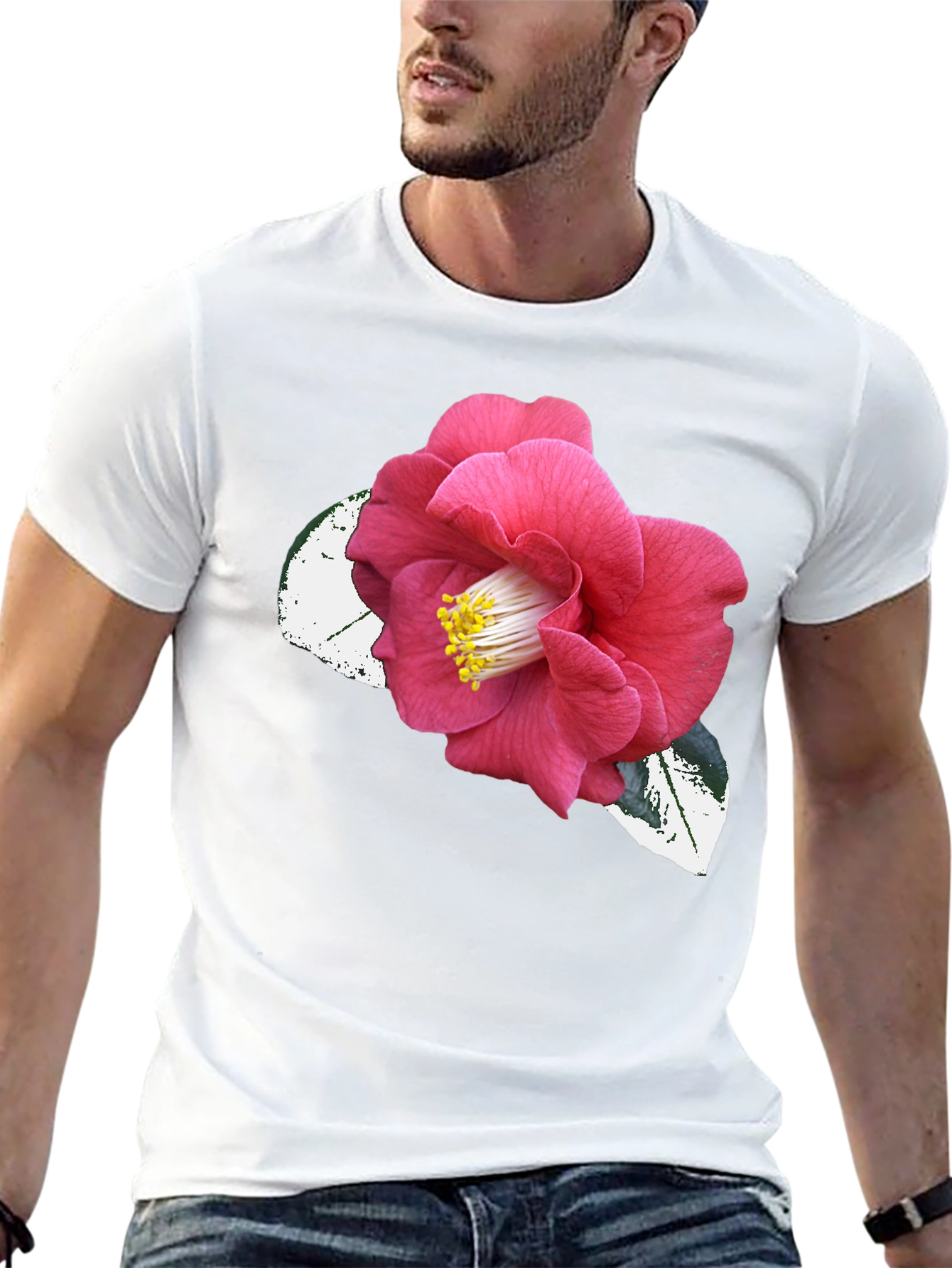 Black T-Shirt with Pink Camellia Flower Graphic