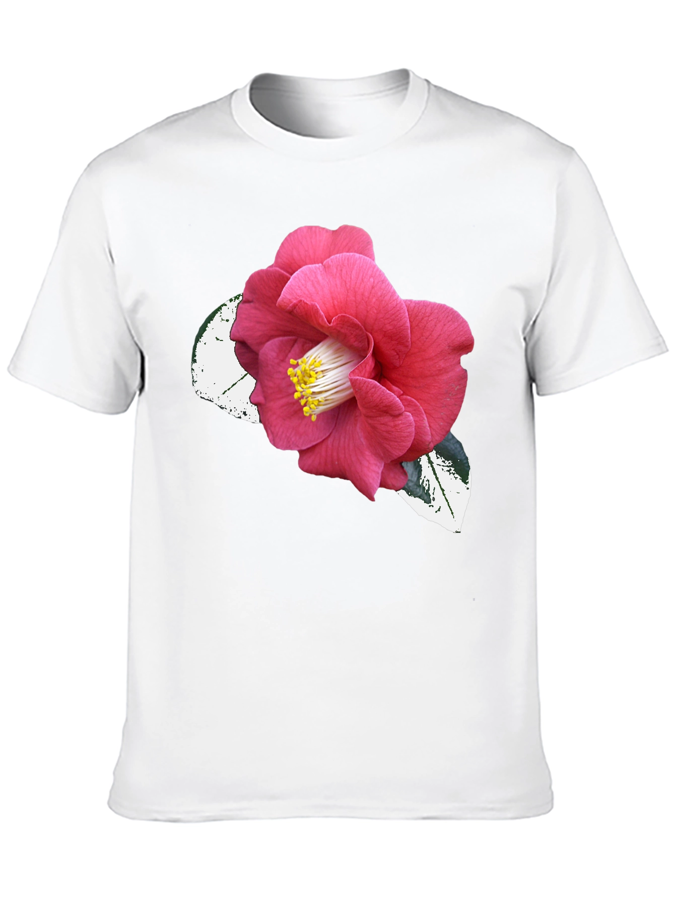 Black T-Shirt with Pink Camellia Flower Graphic