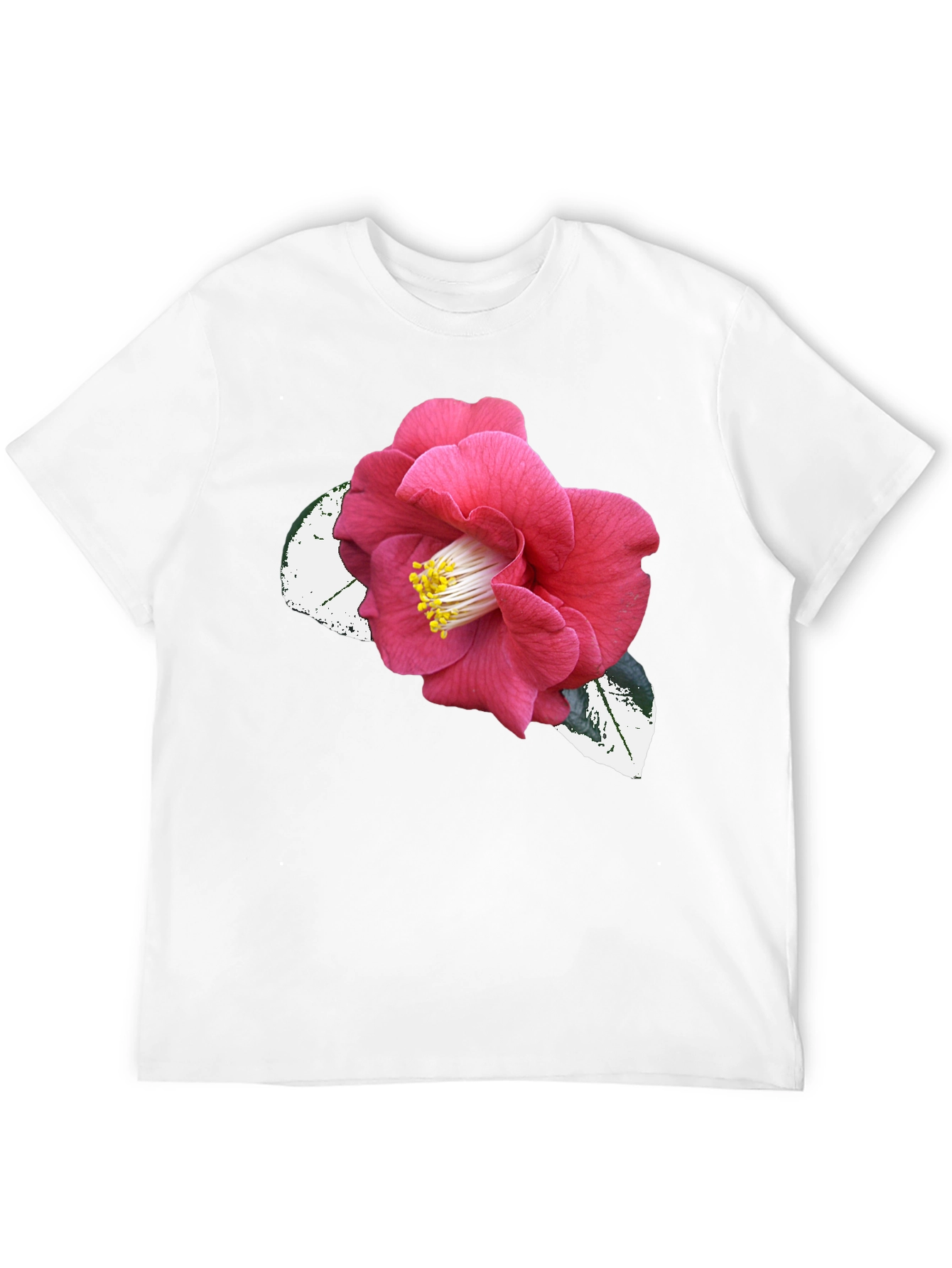 Black T-Shirt with Pink Camellia Flower Graphic