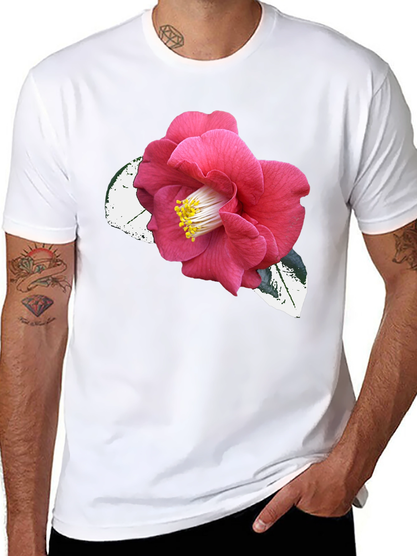 Black T-Shirt with Pink Camellia Flower Graphic