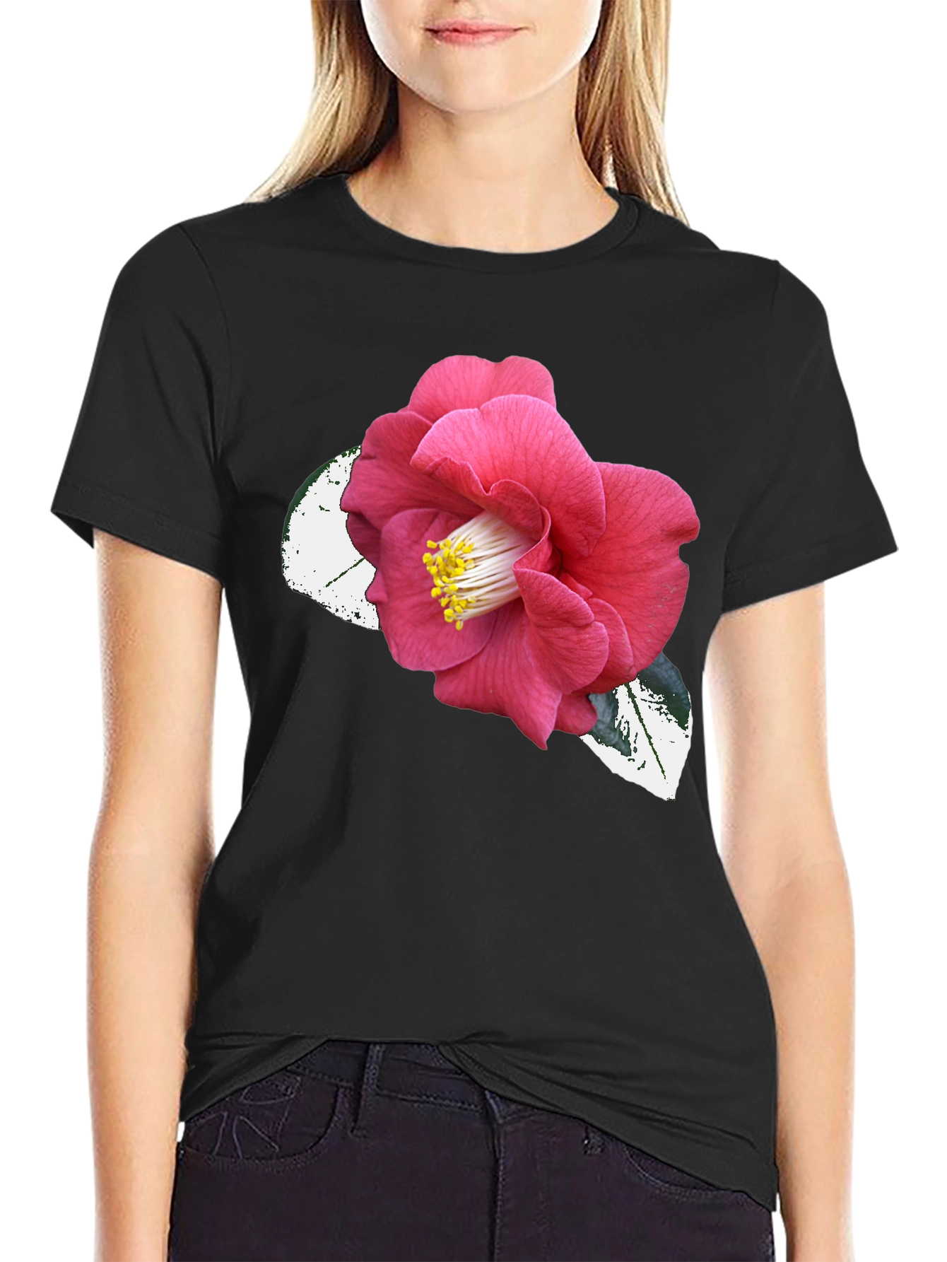 Black T-Shirt with Pink Camellia Flower Graphic