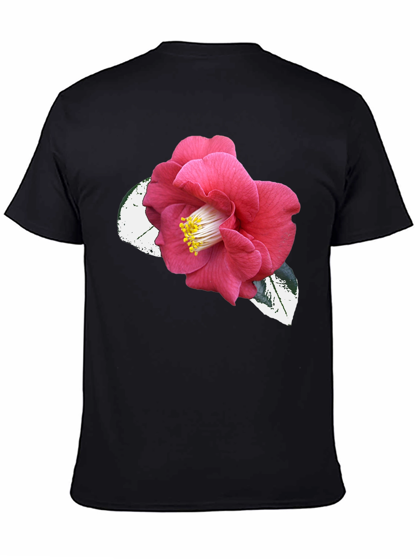Black T-Shirt with Pink Camellia Flower Graphic