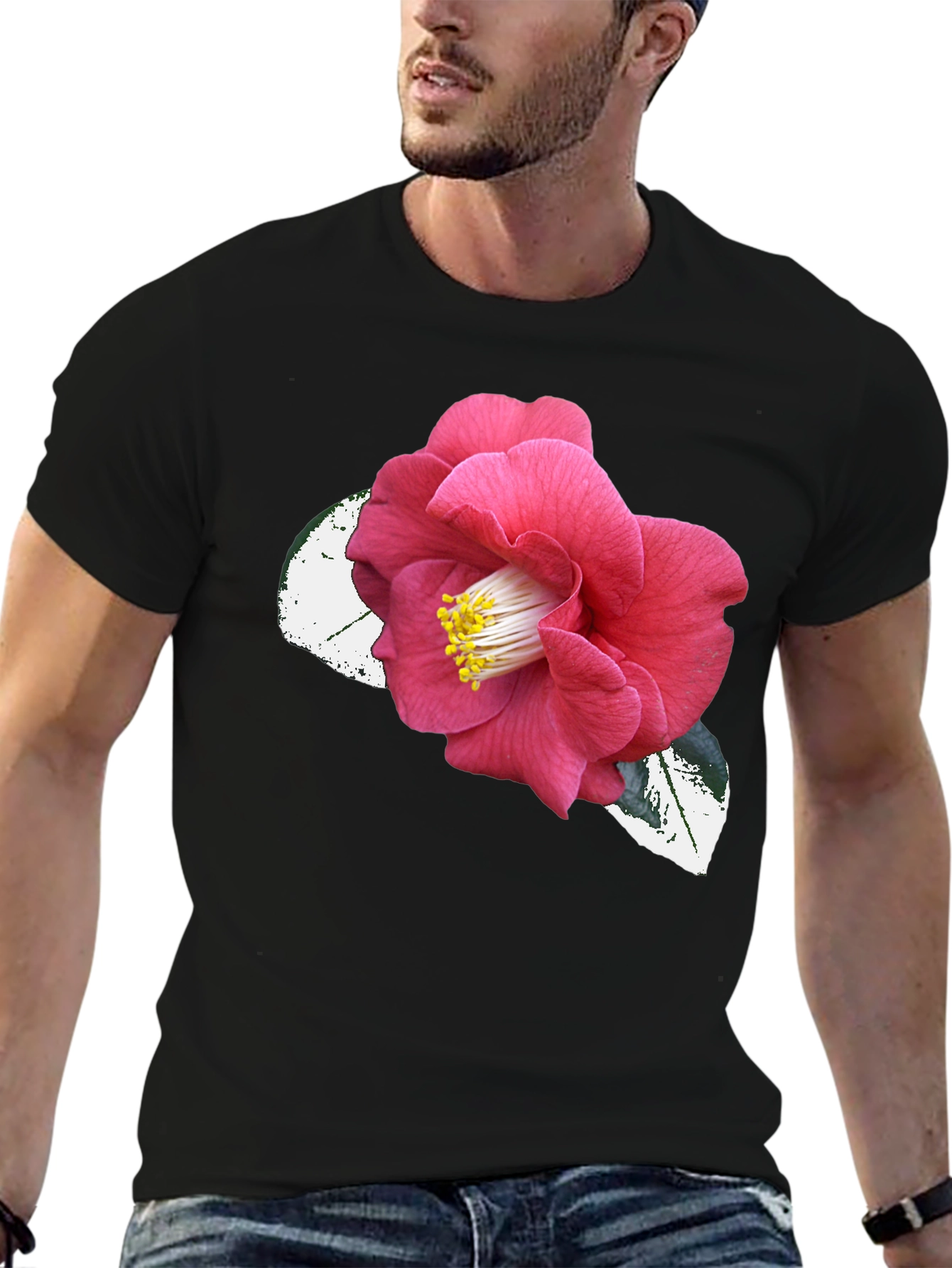 Black T-Shirt with Pink Camellia Flower Graphic