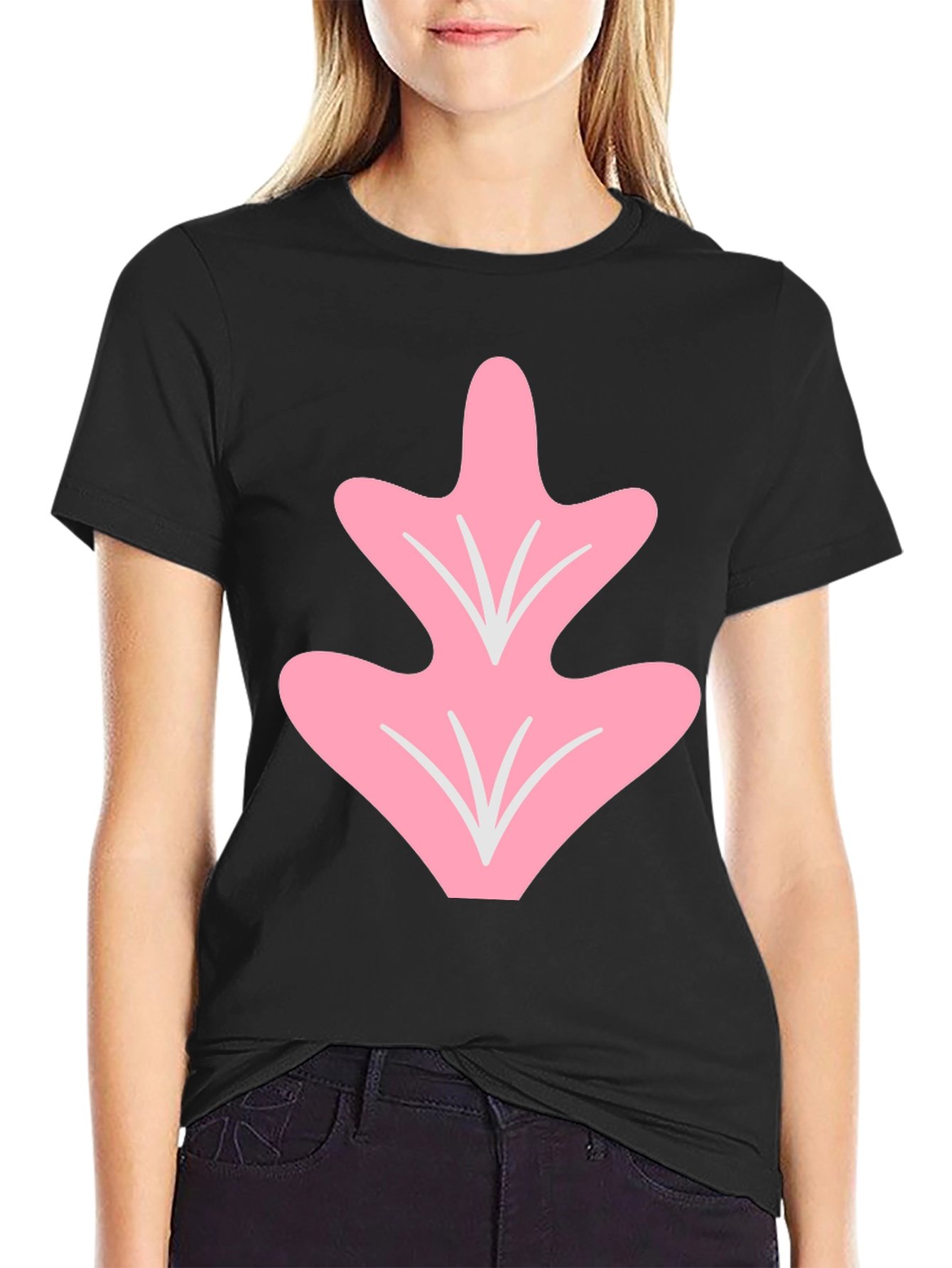 Pink Leaf Graphic Tee - Casual Black T-Shirt