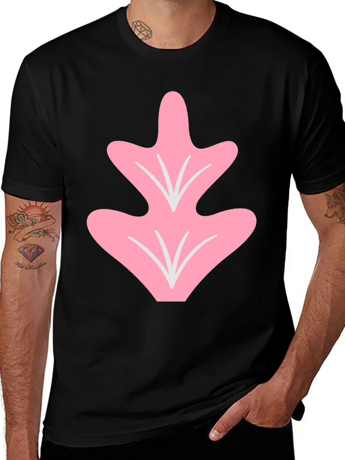 Pink Leaf Graphic Tee - Casual Black T-Shirt