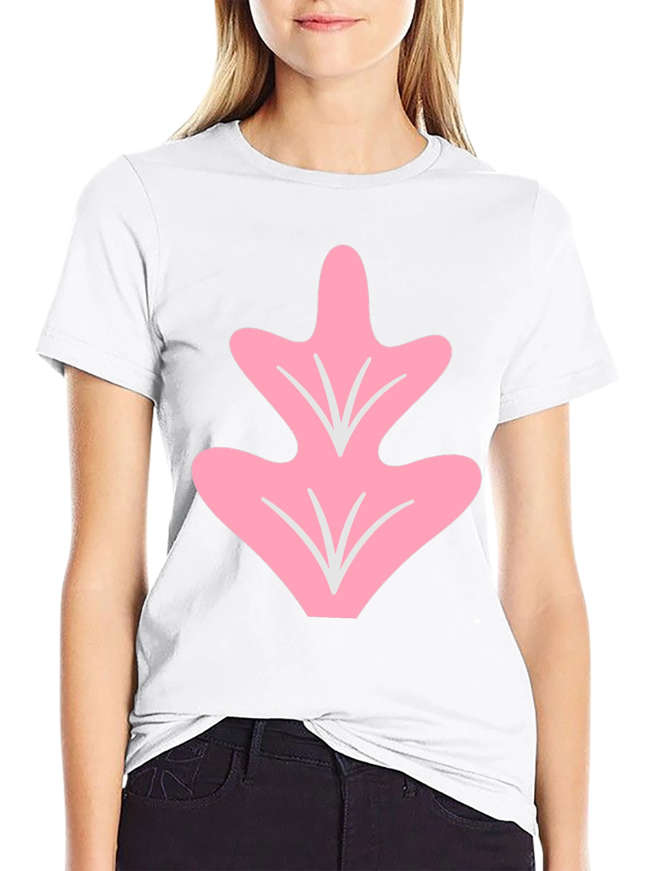 Pink Leaf Graphic Tee - Casual Black T-Shirt