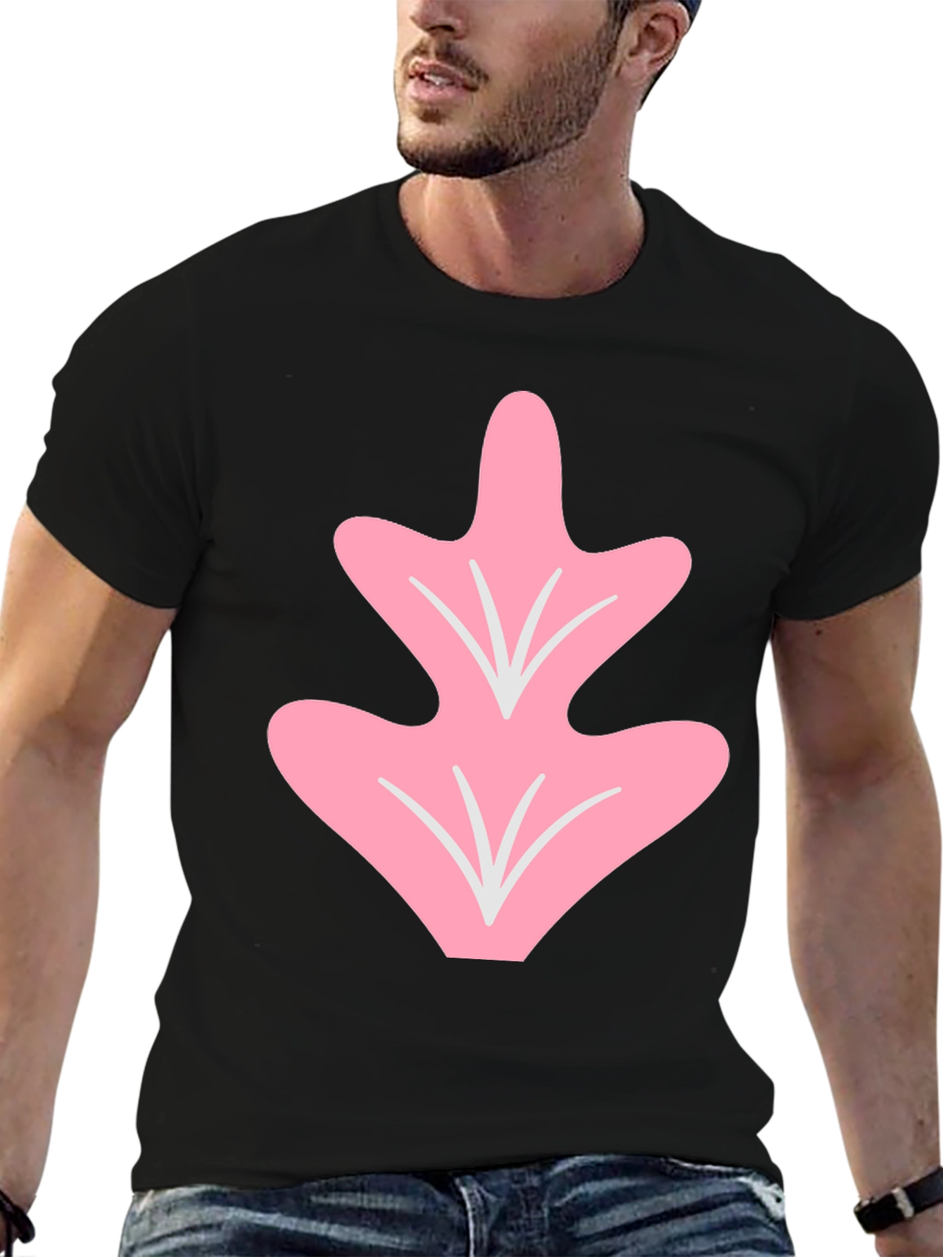 Pink Leaf Graphic Tee - Casual Black T-Shirt