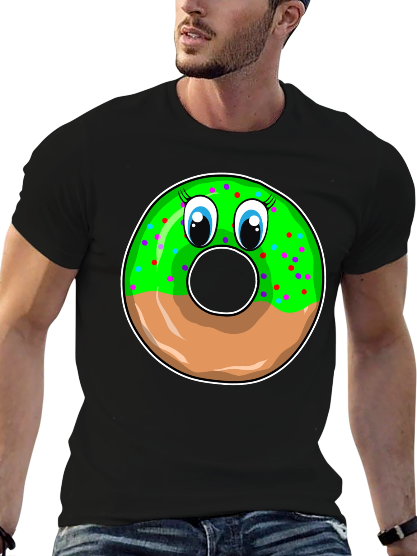 Funny Donut Face Graphic Black T-Shirt