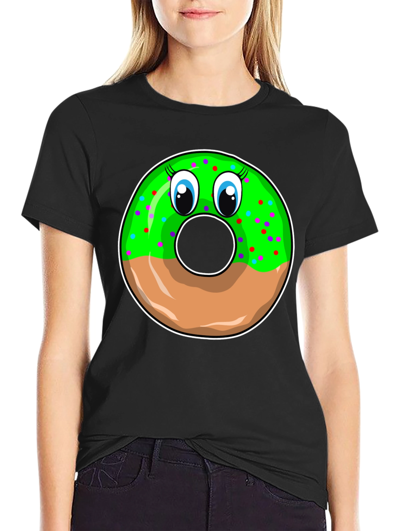 Funny Donut Face Graphic Black T-Shirt