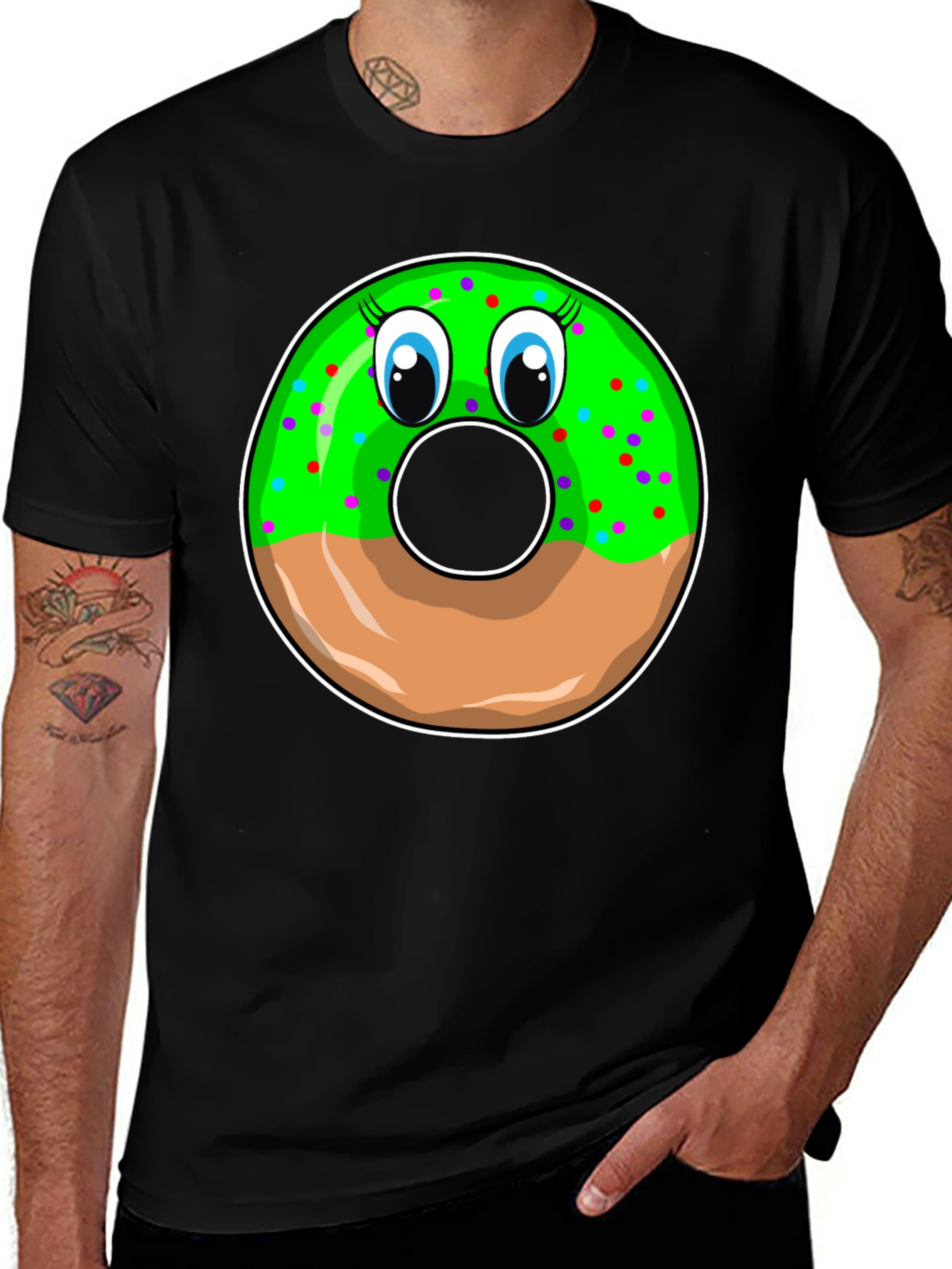 Funny Donut Face Graphic Black T-Shirt