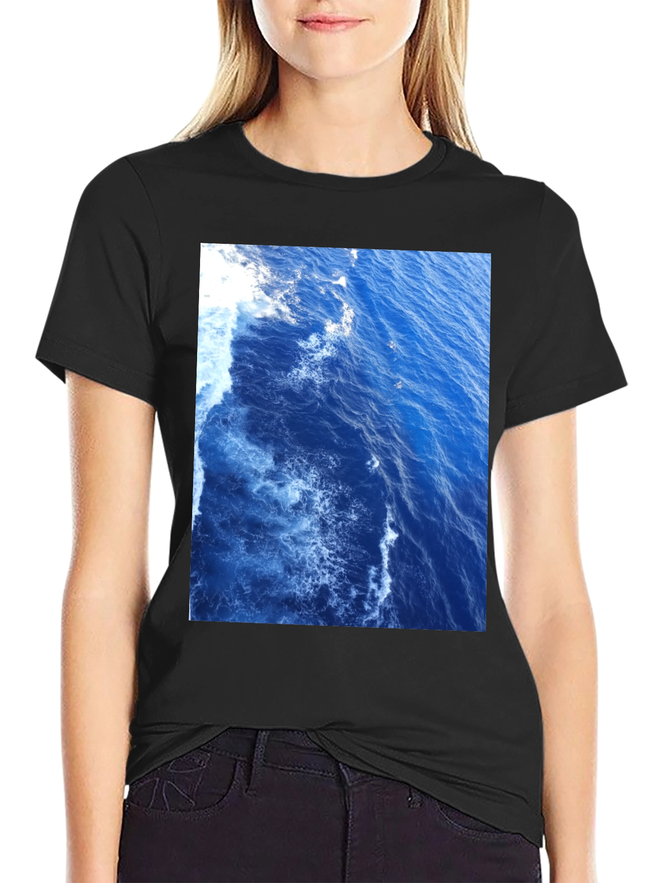 Ocean Waves Graphic Tee - Black Cotton T-Shirt