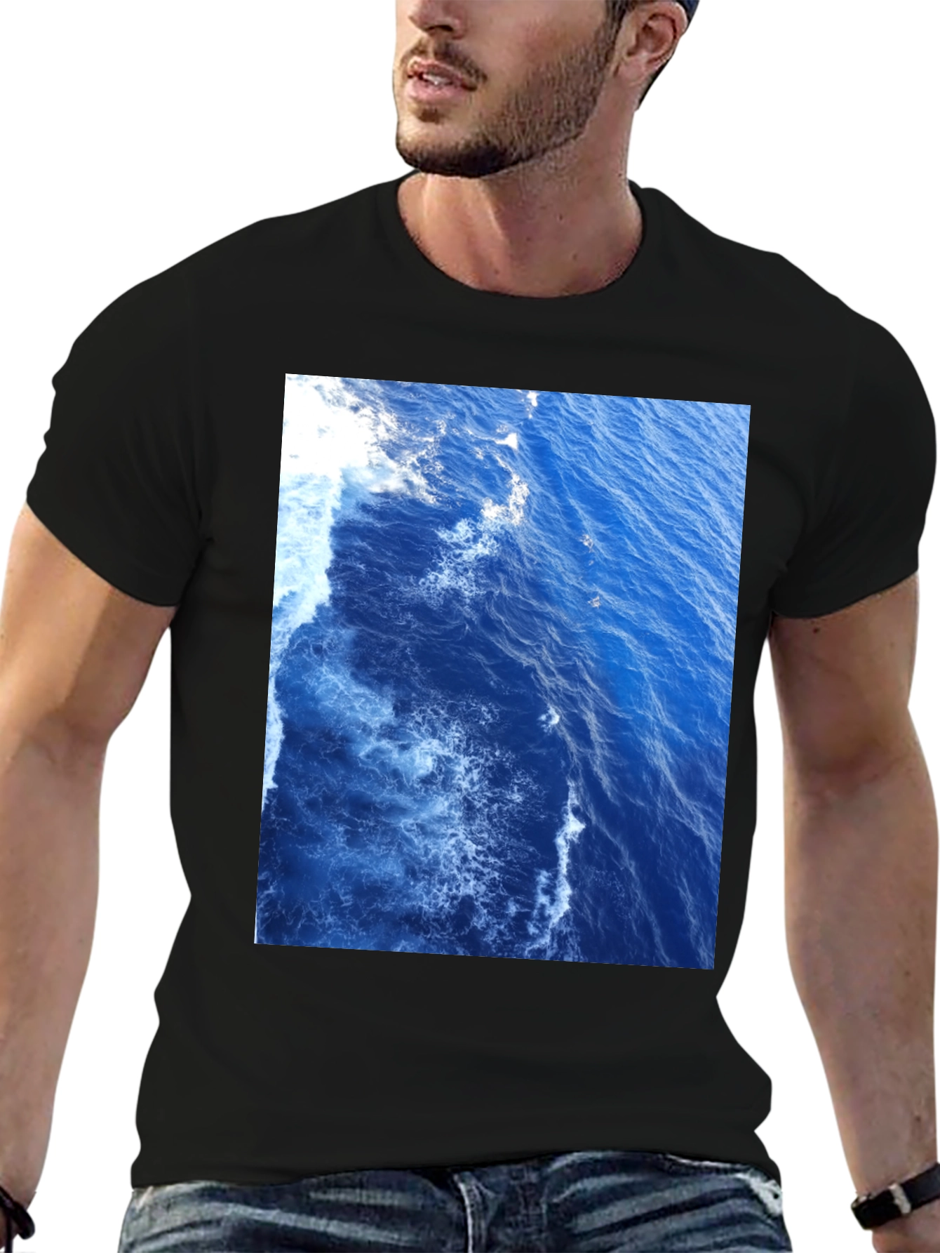Ocean Waves Graphic Tee - Black Cotton T-Shirt