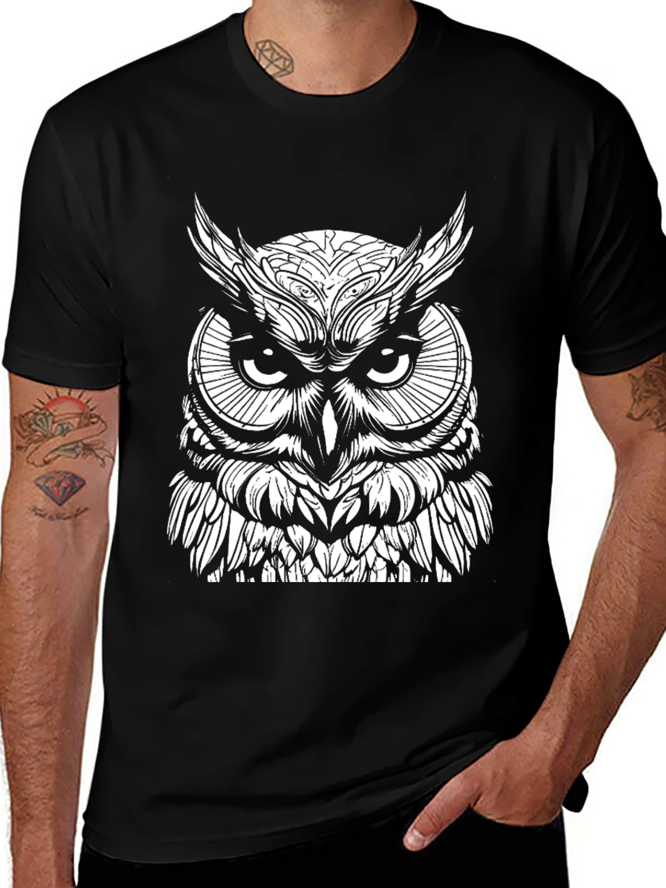 Owl Graphic Print Black T-Shirt for Men