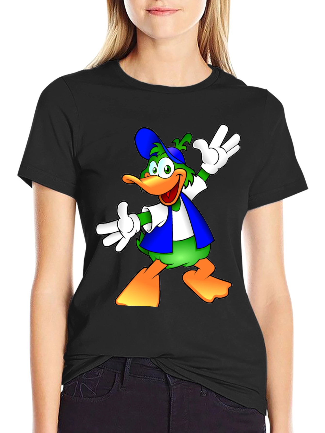 Cartoon Duck Graphic Black T-Shirt