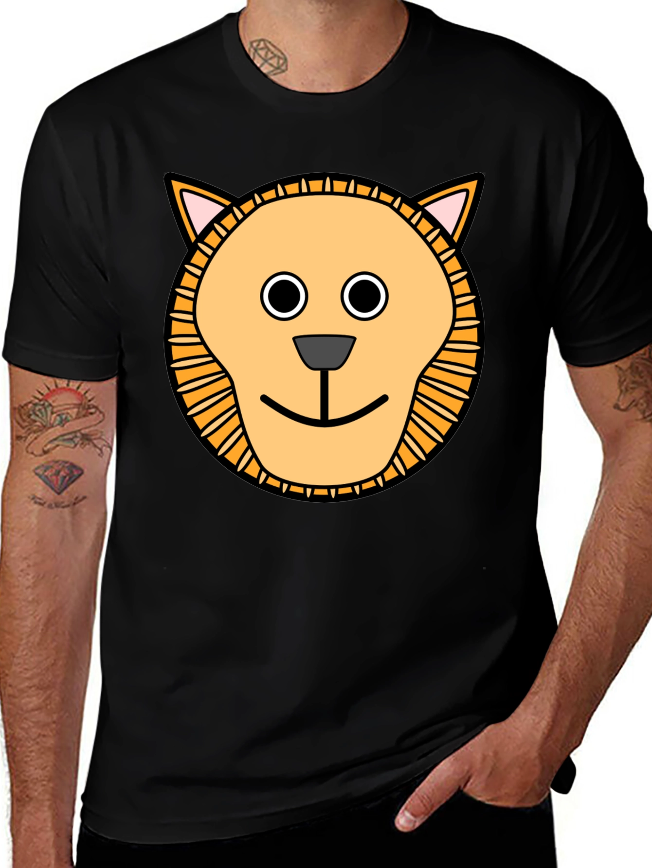 Cute Cartoon Lion Graphic T-Shirt - Black