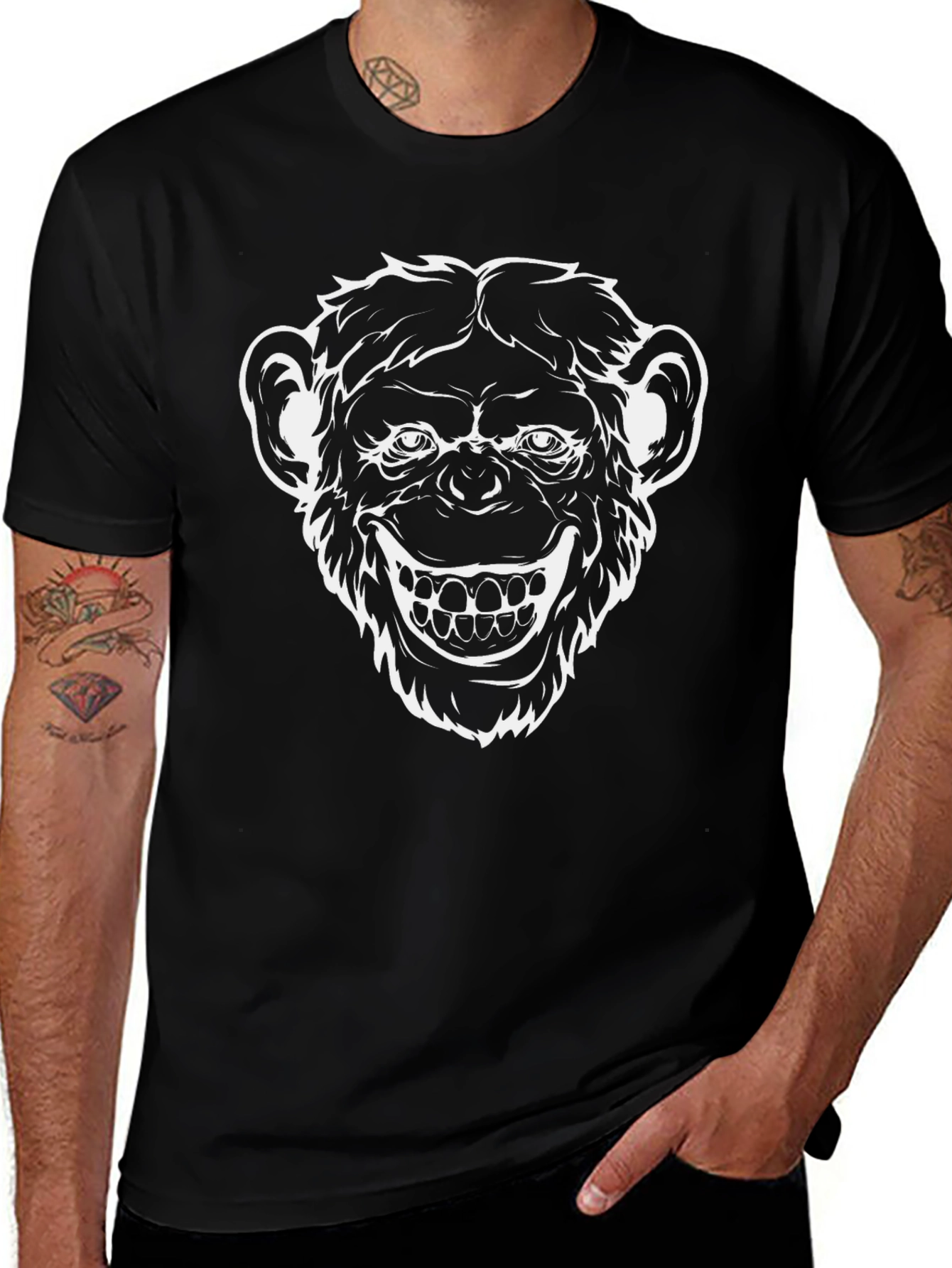 Mens Black Graphic Tee - Creepy Monkey Face