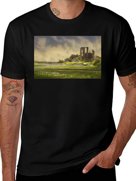 Ruin Landscape Graphic Tee - Black Casual T-Shirt