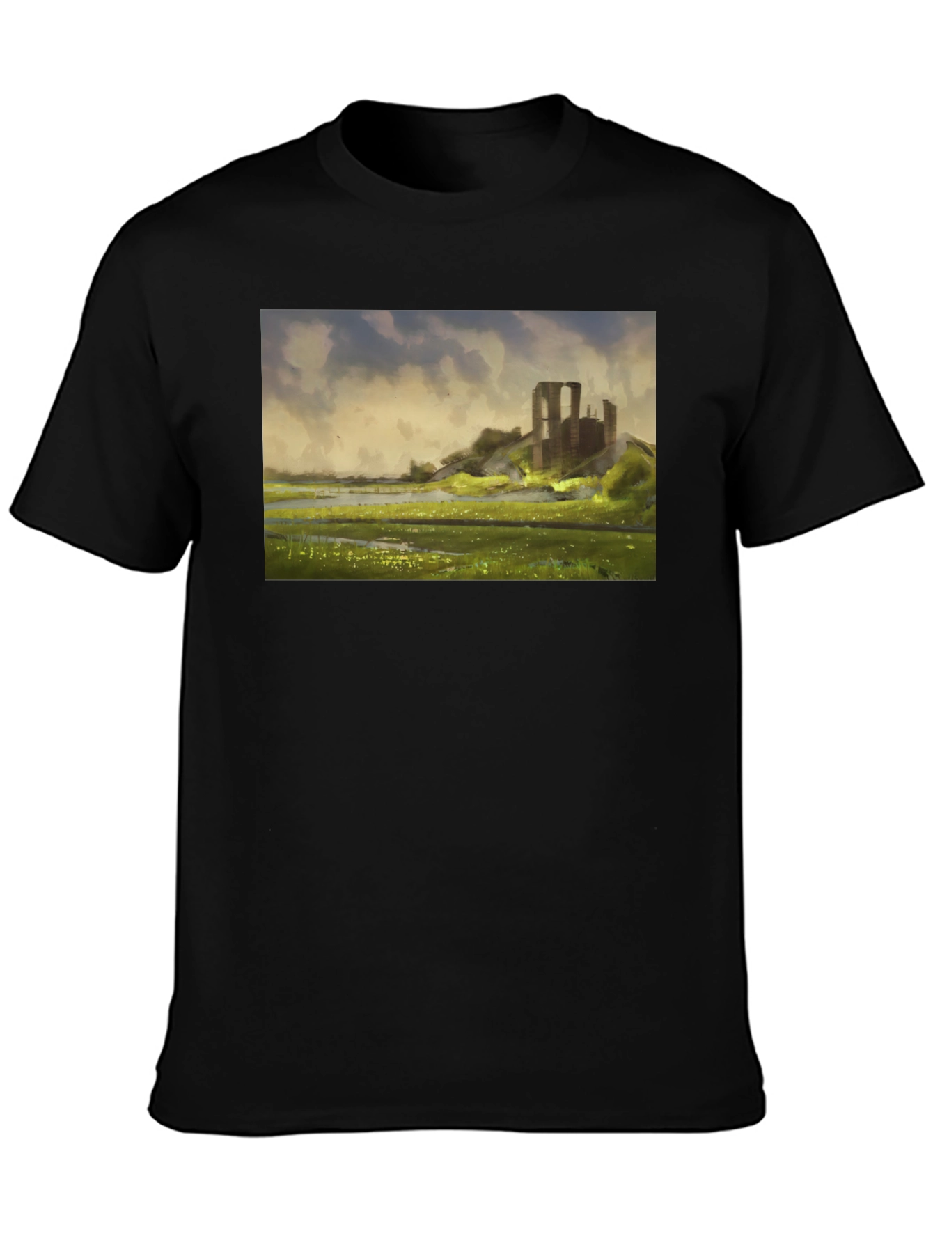 Ruin Landscape Graphic Tee - Black Casual T-Shirt
