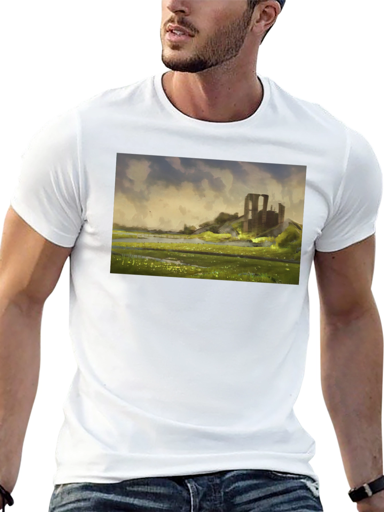 Ruin Landscape Graphic Tee - Black Casual T-Shirt