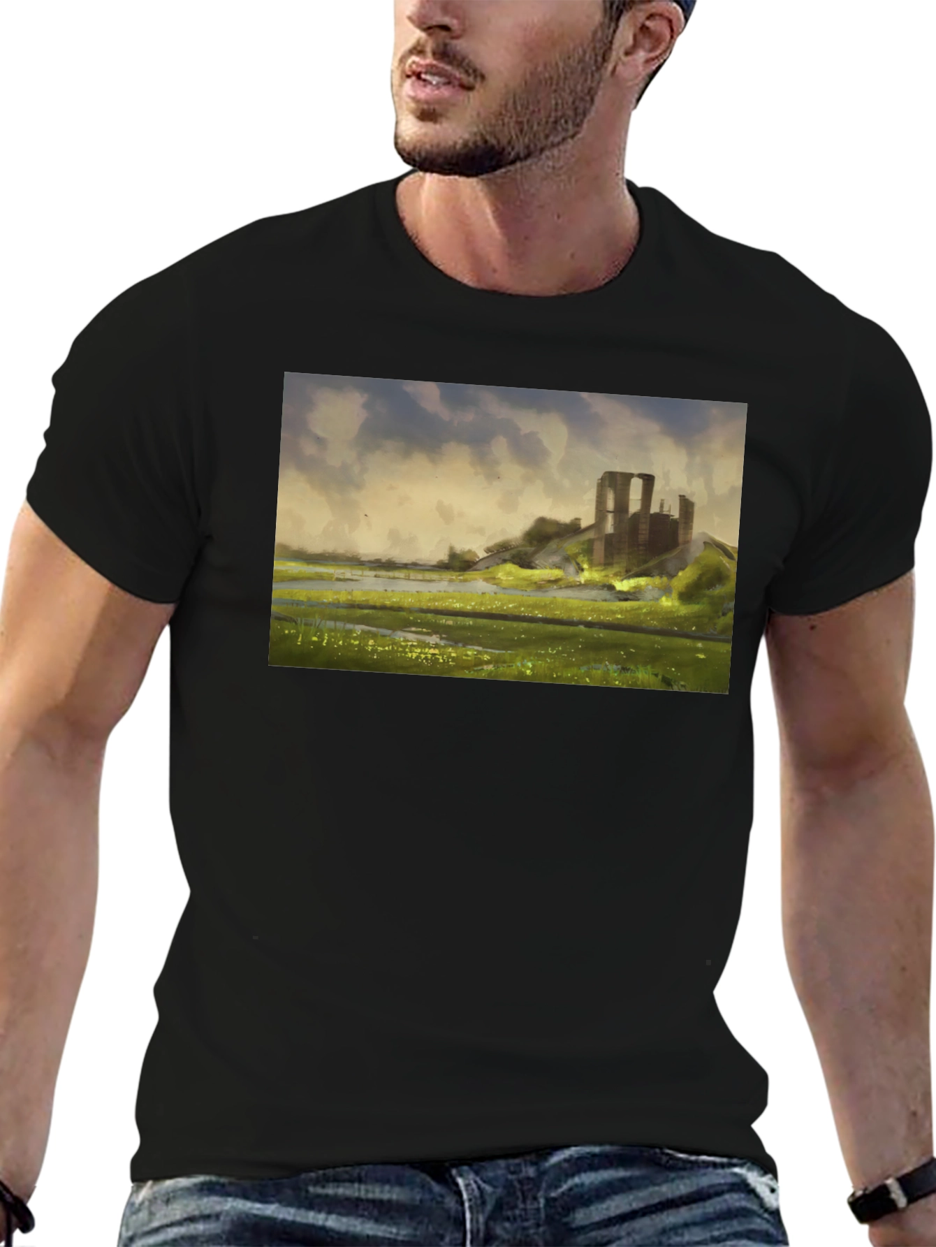 Ruin Landscape Graphic Tee - Black Casual T-Shirt