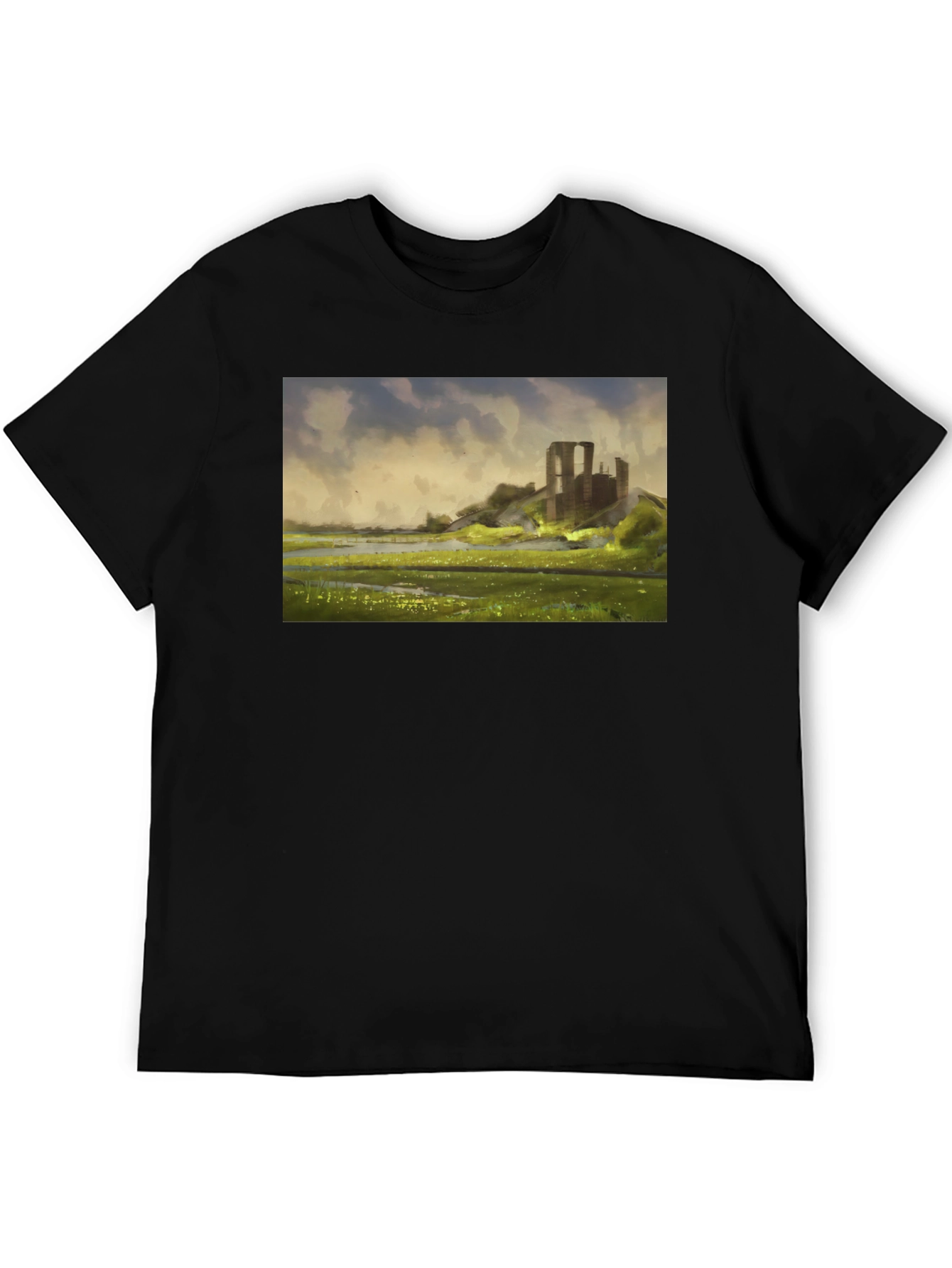 Ruin Landscape Graphic Tee - Black Casual T-Shirt