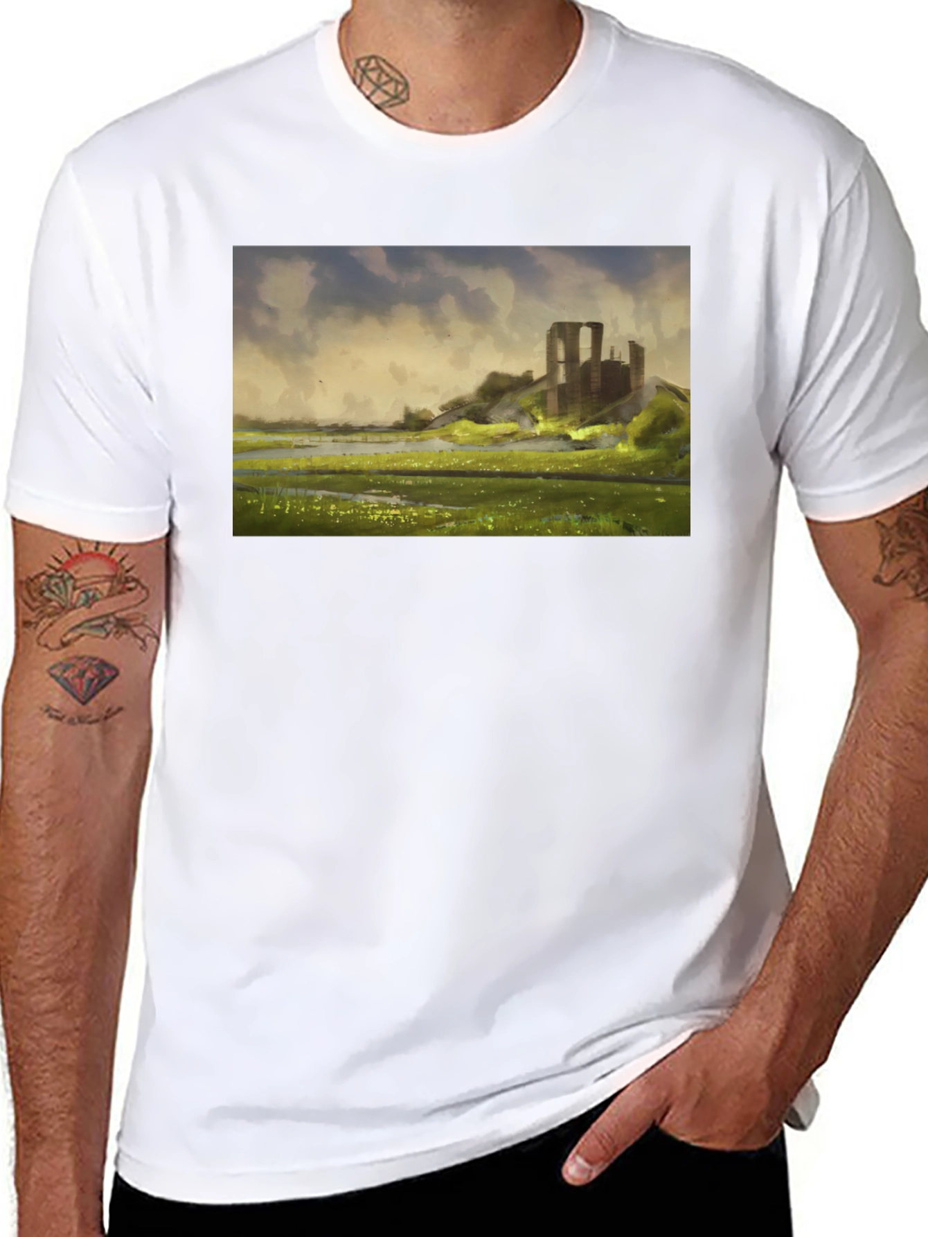 Ruin Landscape Graphic Tee - Black Casual T-Shirt