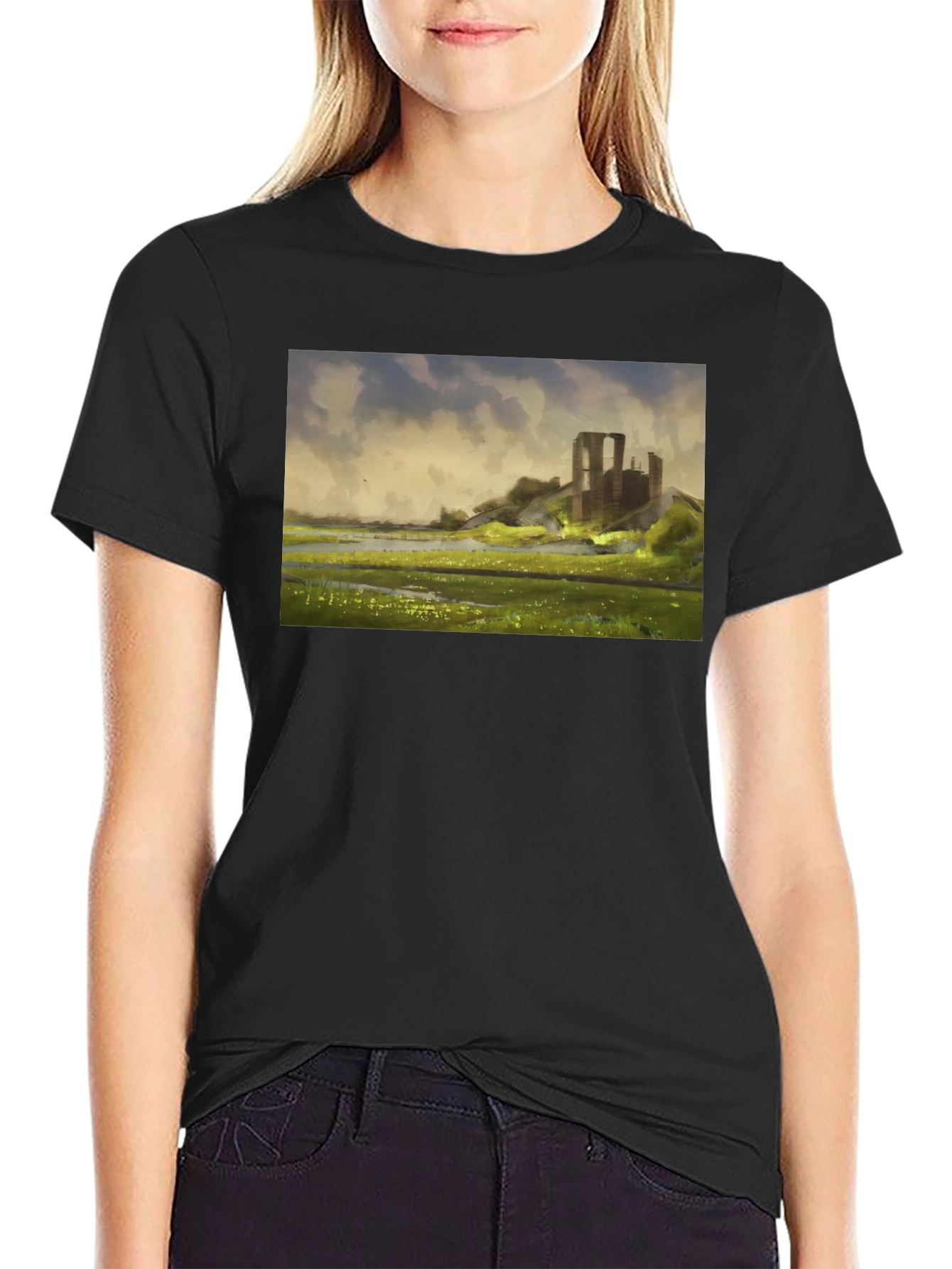 Ruin Landscape Graphic Tee - Black Casual T-Shirt