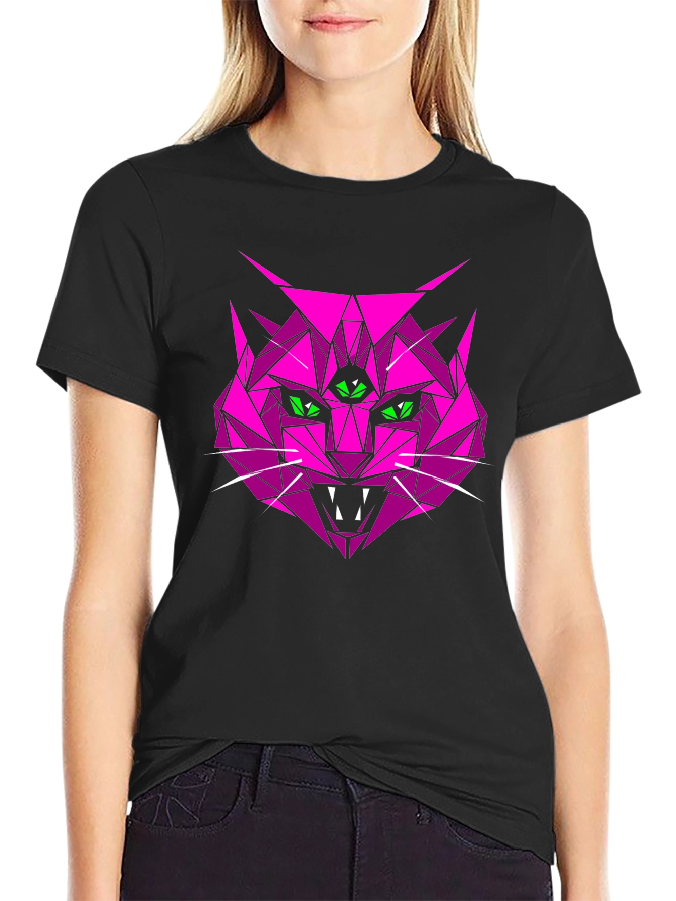 Geometric Pink Cat Graphic T-Shirt