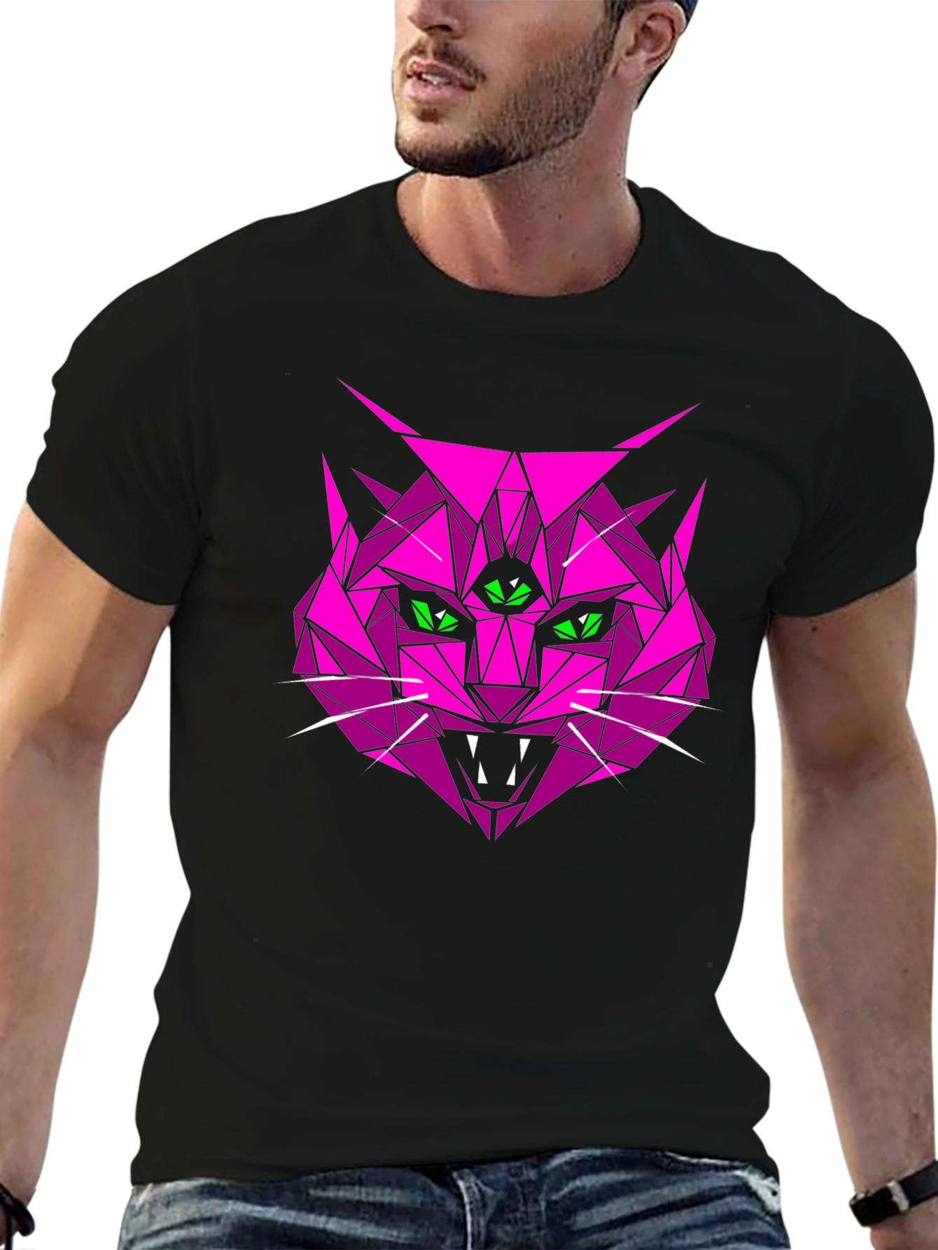 Geometric Pink Cat Graphic T-Shirt