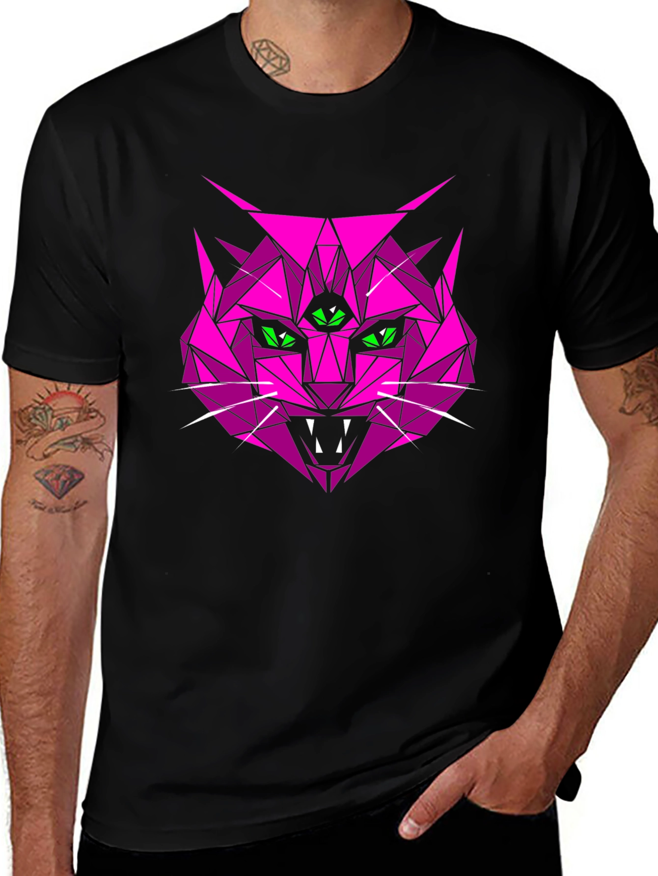 Geometric Pink Cat Graphic T-Shirt